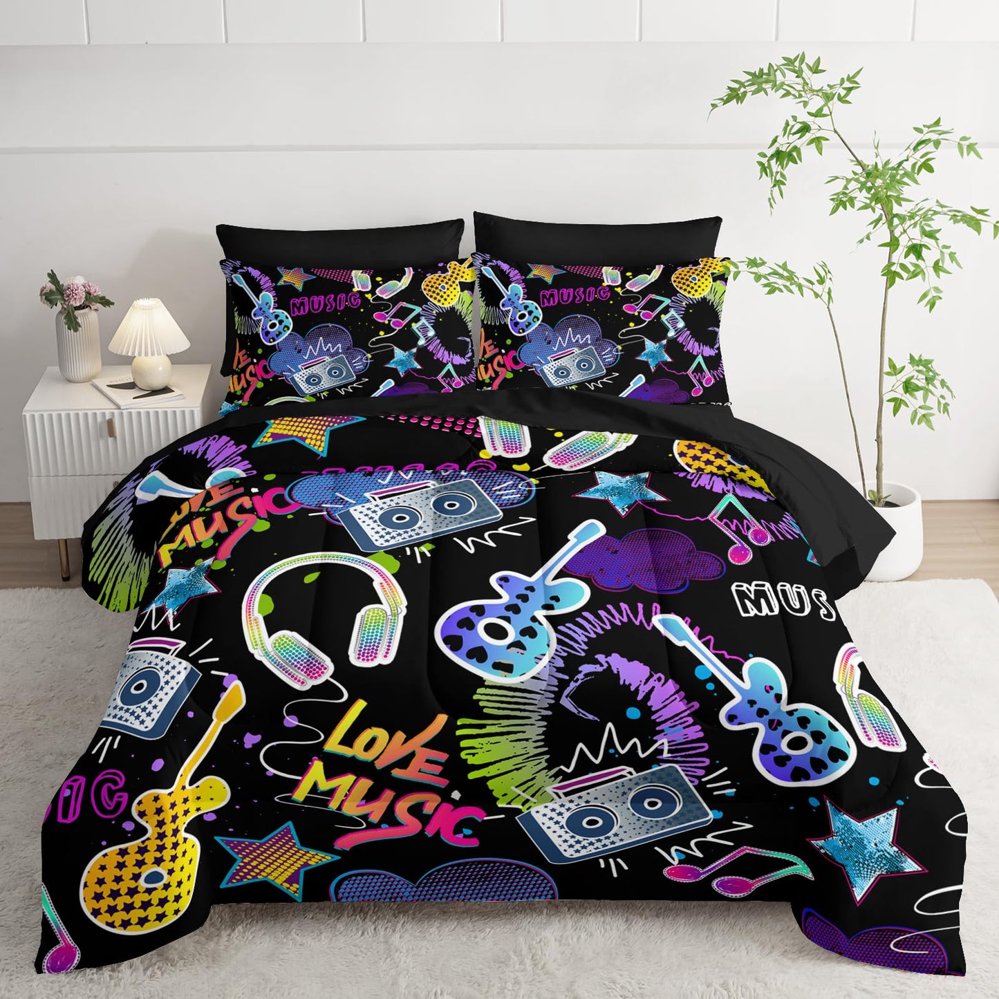 XYNHML Colorful Guitar Comforter 7Pcs Musical Note Headphone Radio Star Bedding Set for Kid Teen Girl Boy Adult Cartoon Rock Music Quilt Bed Set Twin with 2 Sheets,2 Pillowcases,2 Throw Pillow Covers