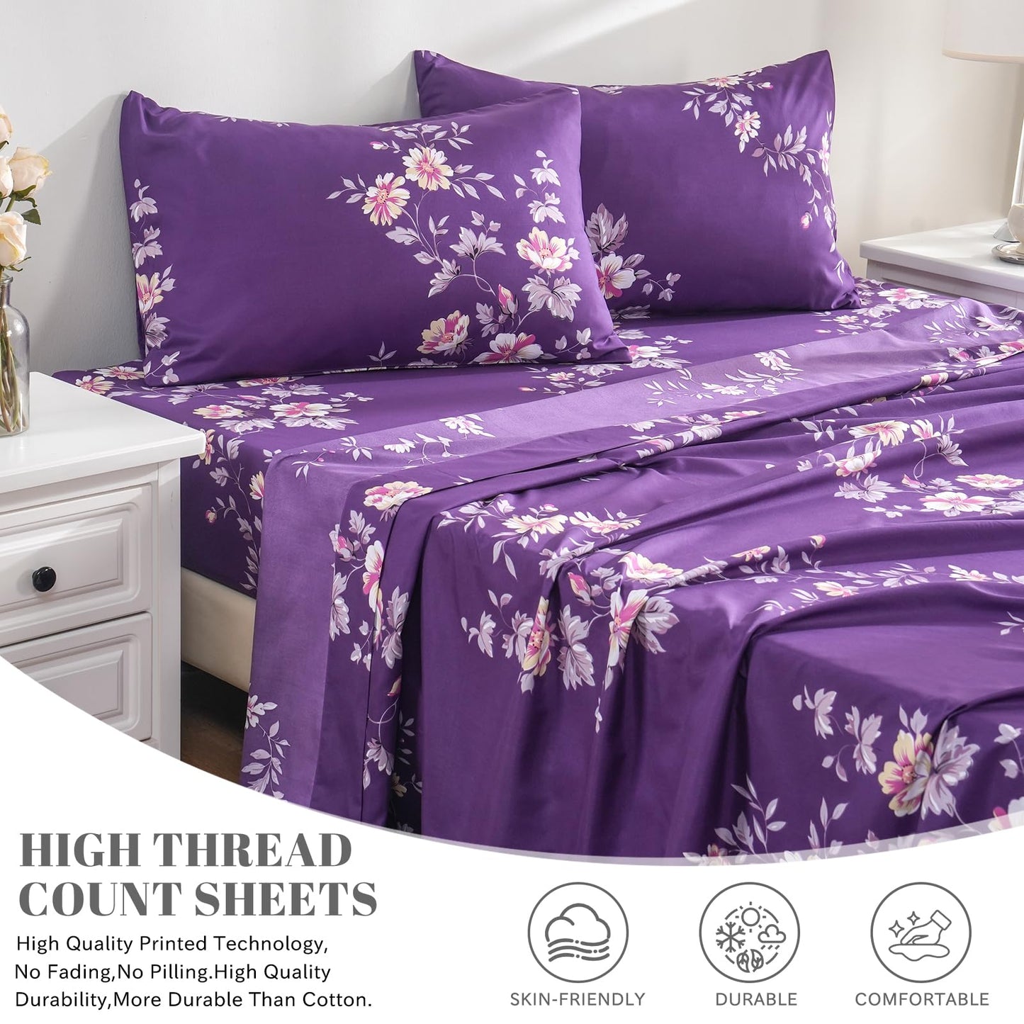 Bedlifes King Sheet Set Ultra Soft, Breathable, Silky Flower Deep Pocket 100% Microfiber Bedding, 4 Piece King Size Dark Purple Floral