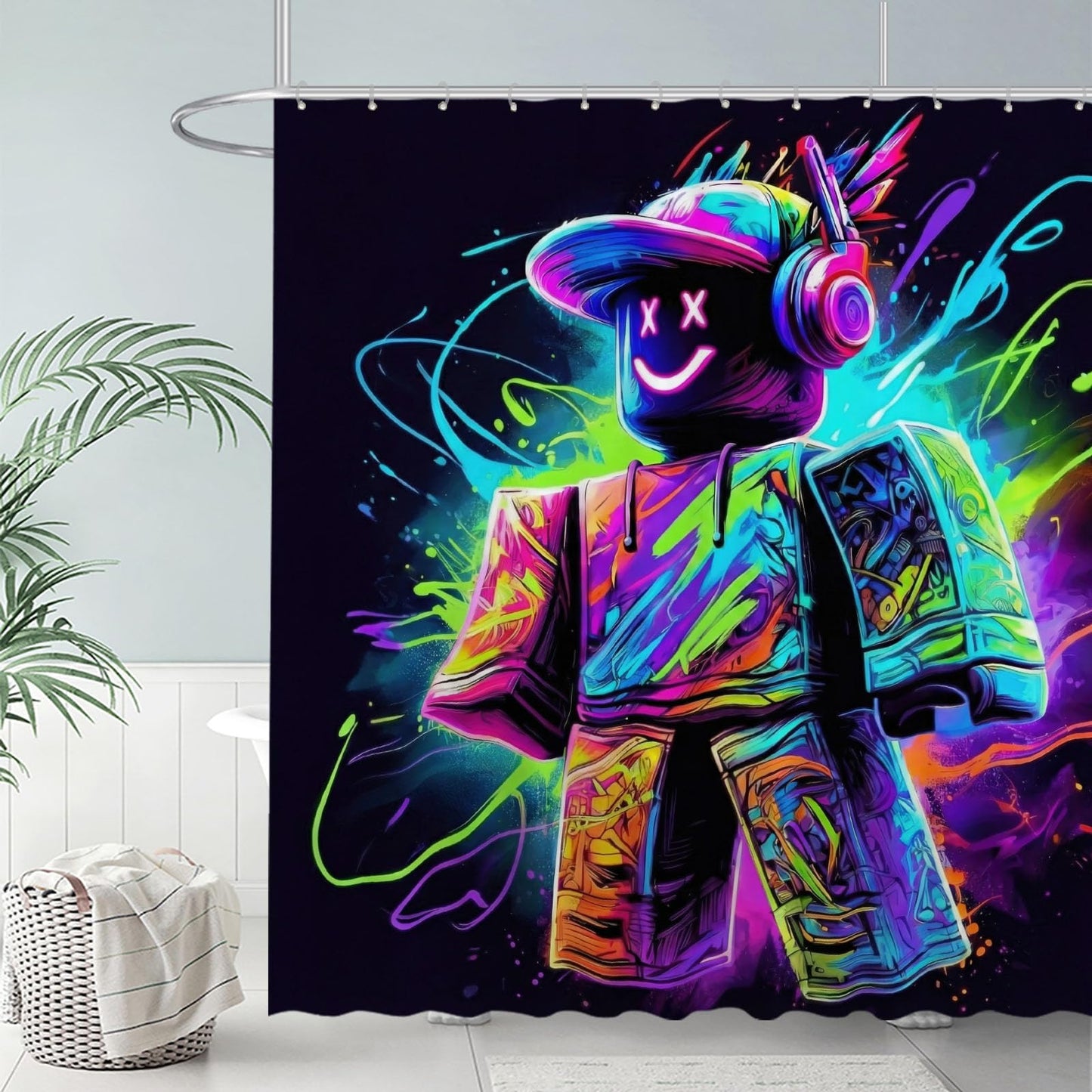 Funnytree Neon Game Shower Curtain 72"x72" - Waterproof Fabric Bathroom Decor for Teen Boys Girls Boyfriend Girlfriend, Easy Care Washable (Hooks Not Included)