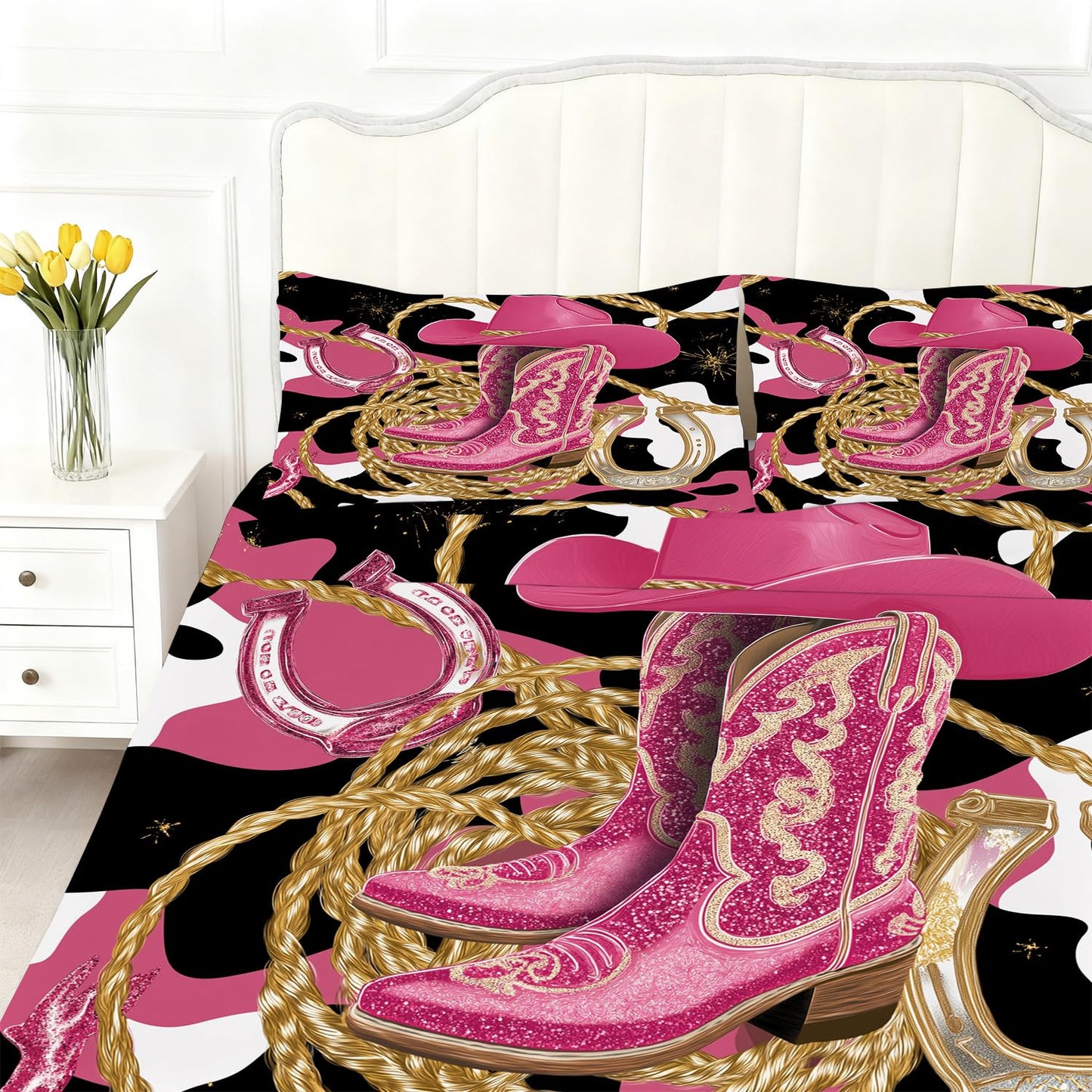 VTKON Pink Cowgirl Sheet Set Twin Size for Girls Boys Kids Women Glitter Boots & Horseshoe Print Fitted Sheet Set Cowhide Pattern Bed Sheets 1 Fitted Sheet+1 Flat Sheet+1 Pillowcase