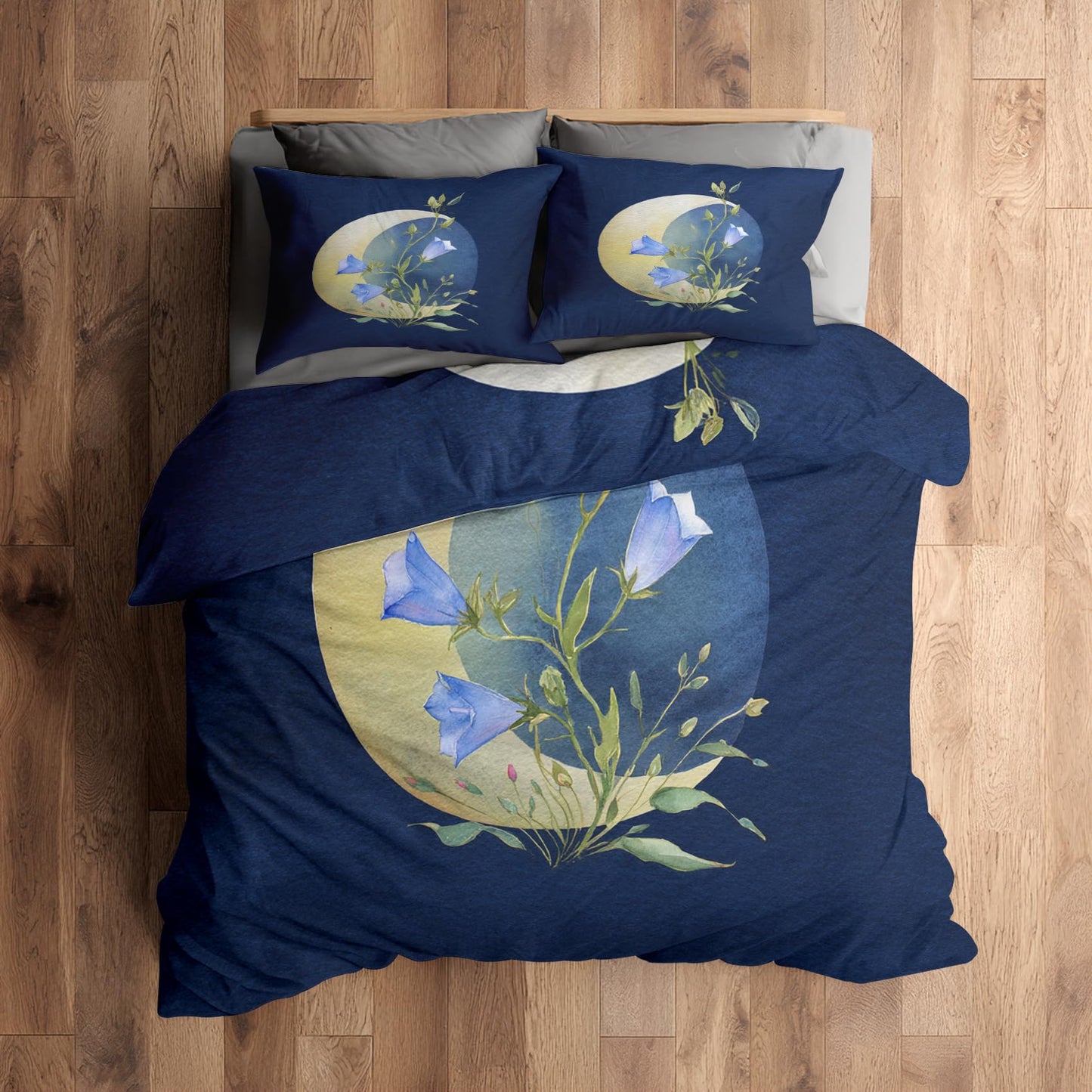 Aesthetic Flower Full Duvet Cover Set 3 Piece, Blue Floral Moon Reversible Bedding with 2 Pillow Shams, Zipper & Ties, Ultra Soft Microfiber, Flower Bedroom Decorations 74A-R