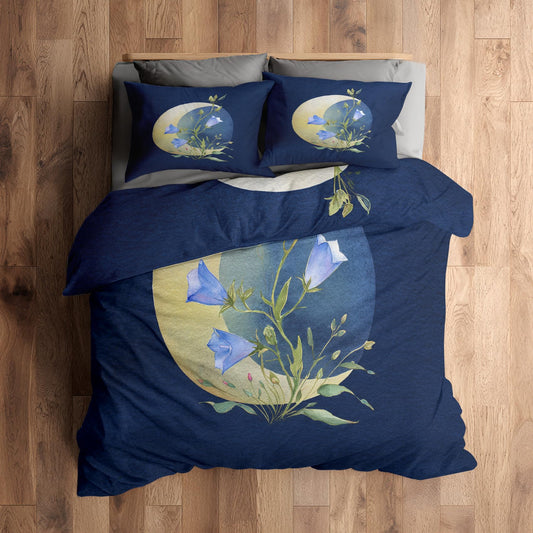 Aesthetic Flower Full Duvet Cover Set 3 Piece, Blue Floral Moon Reversible Bedding with 2 Pillow Shams, Zipper & Ties, Ultra Soft Microfiber, Flower Bedroom Decorations 74A-R