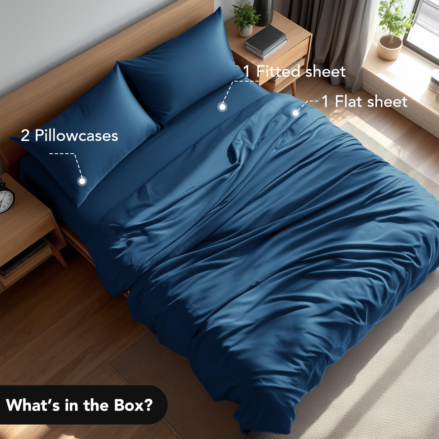 Deconovo Queen Sheet Set 4 Piece - Navy Blue Brushed Microfiber Bed Sheets, 16 Inch Deep Pocket Fitted Sheet, Flat Sheet & 2 Pillowcases, Soft Wrinkle Resistant Bedding