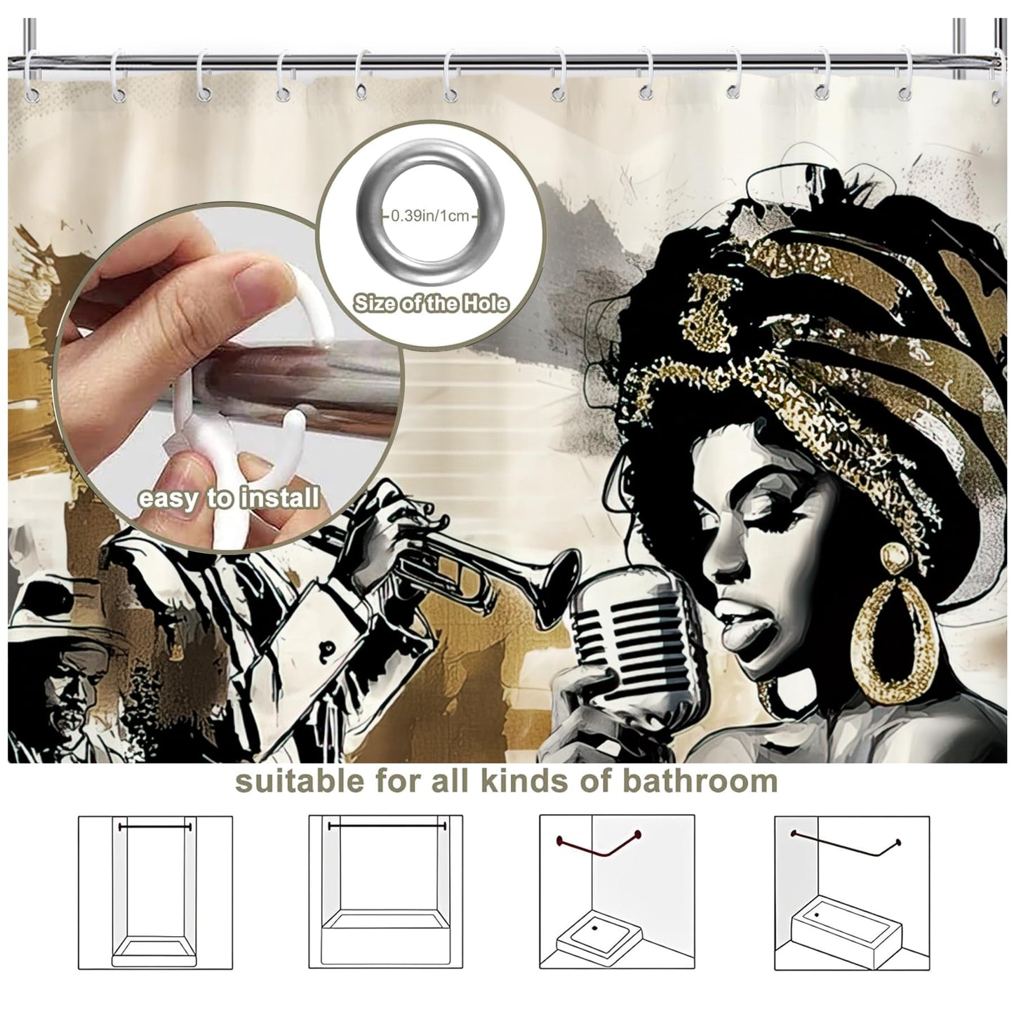 Glioown African American Shower Curtain 60Wx71L, Music Band Shower Curtains for Bathroom, Black Woman Lady Hippie Shower Curtain Set 12 Pack Hooks
