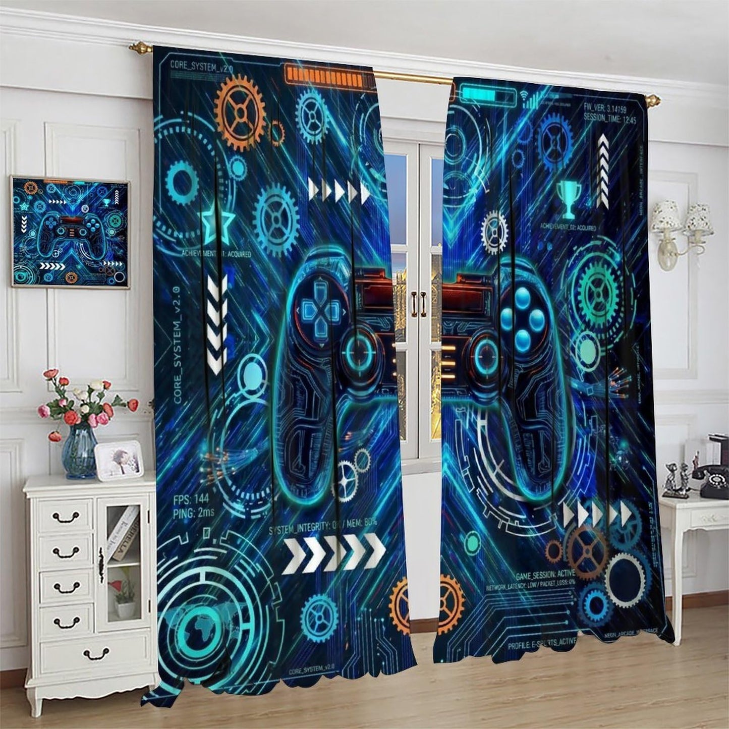 VUMIVI Gaming Curtains Futuristic Cyberpunk Neon Blue Game Controller Sci-Fi Mechanical Gear HUD Rod Pocket Window Treatments for Boys Bedroom Gamer Room Apartment Dorms Cafe 42" W X 44.5" L