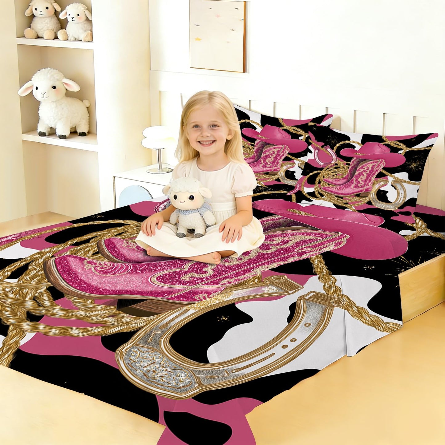 VTKON Pink Cowgirl Sheet Set Twin Size for Girls Boys Kids Women Glitter Boots & Horseshoe Print Fitted Sheet Set Cowhide Pattern Bed Sheets 1 Fitted Sheet+1 Flat Sheet+1 Pillowcase