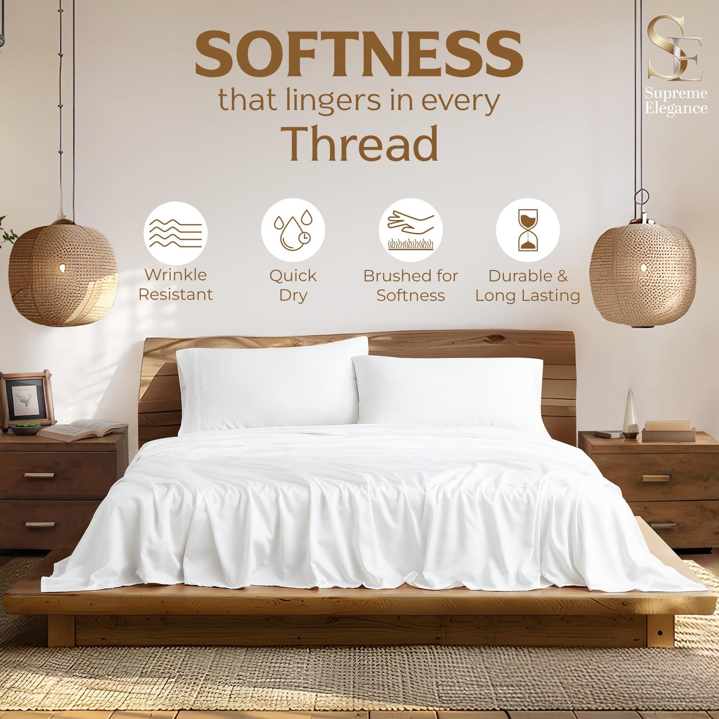 SUPREME ELEGANCE White Full Size Bed Sheets Set, Wrinkle Resistant Brushed Percale Weave Cotton Rich White Bedding Set, Deep Pocket Sheets (1 Flat Sheet, 1 Fitted Sheet & 2 Pillowcases)