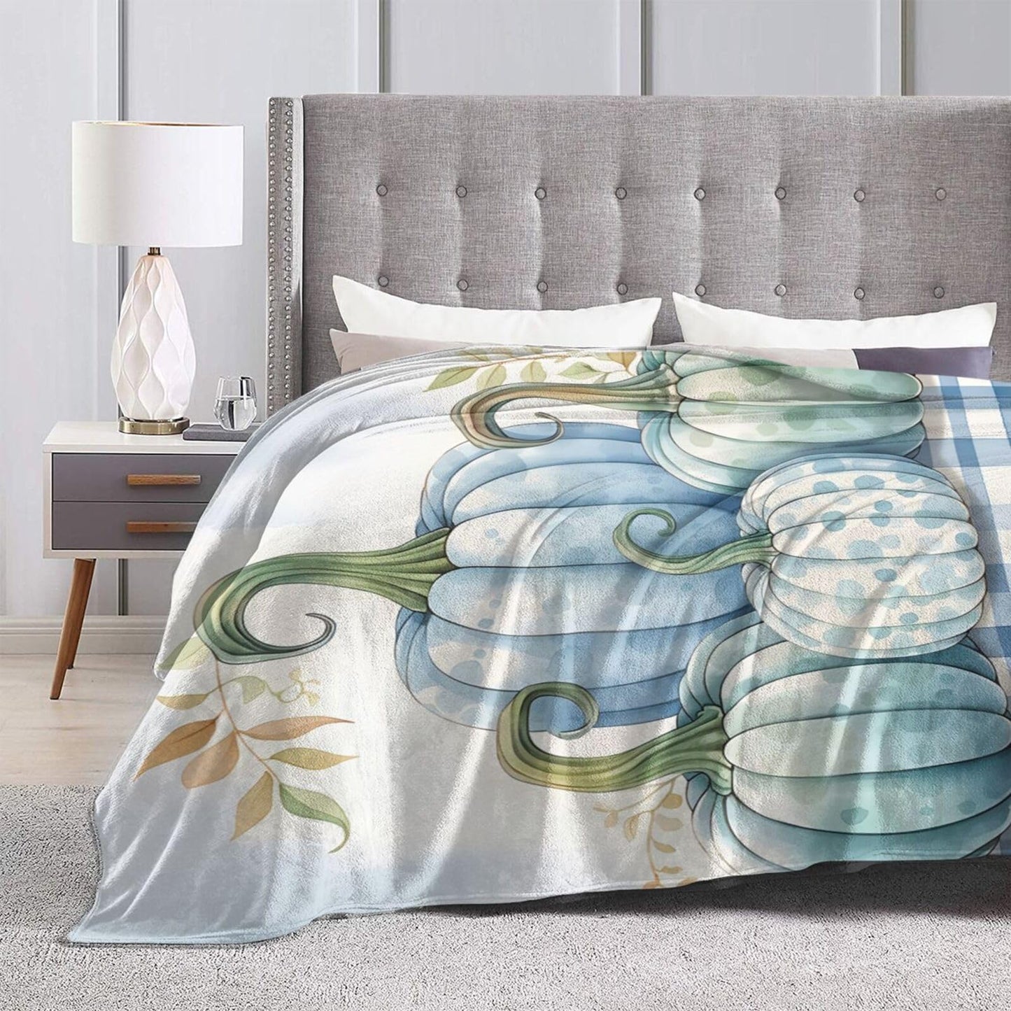 Blue Pumpkins White Gingham Throw Blanket for Couch Soft Blanket for Bed Bed Sofa Decor for Living Room Bedroom 60"X50"