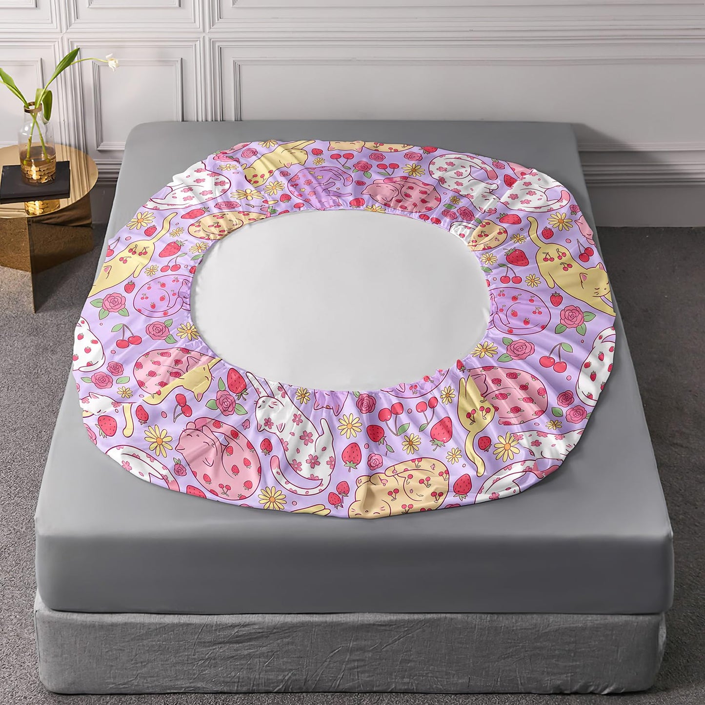 AILONEN Sleeping Cat Twin Fitted Sheet Set, 3 Piece Microfiber Bedding Pack with 2 Pillowcases, 16 Inch Deep Pocket, Purple Floral Room Style