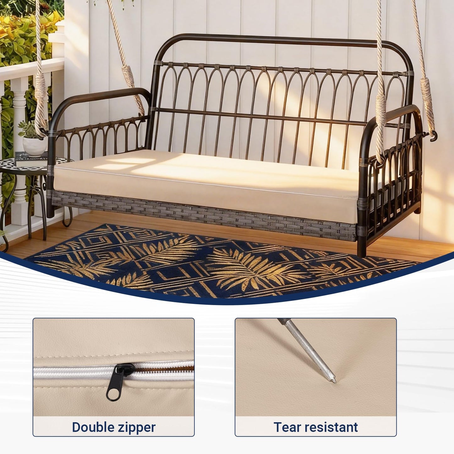 BIBILAB 8-Inch Outdoor Swing Seat Cushion Cover, Waterproof, Double Patio Seat Cushion Cover with Anti-Cat Scratch Cloth, Only Cover (Cushion not Included) (Beige)