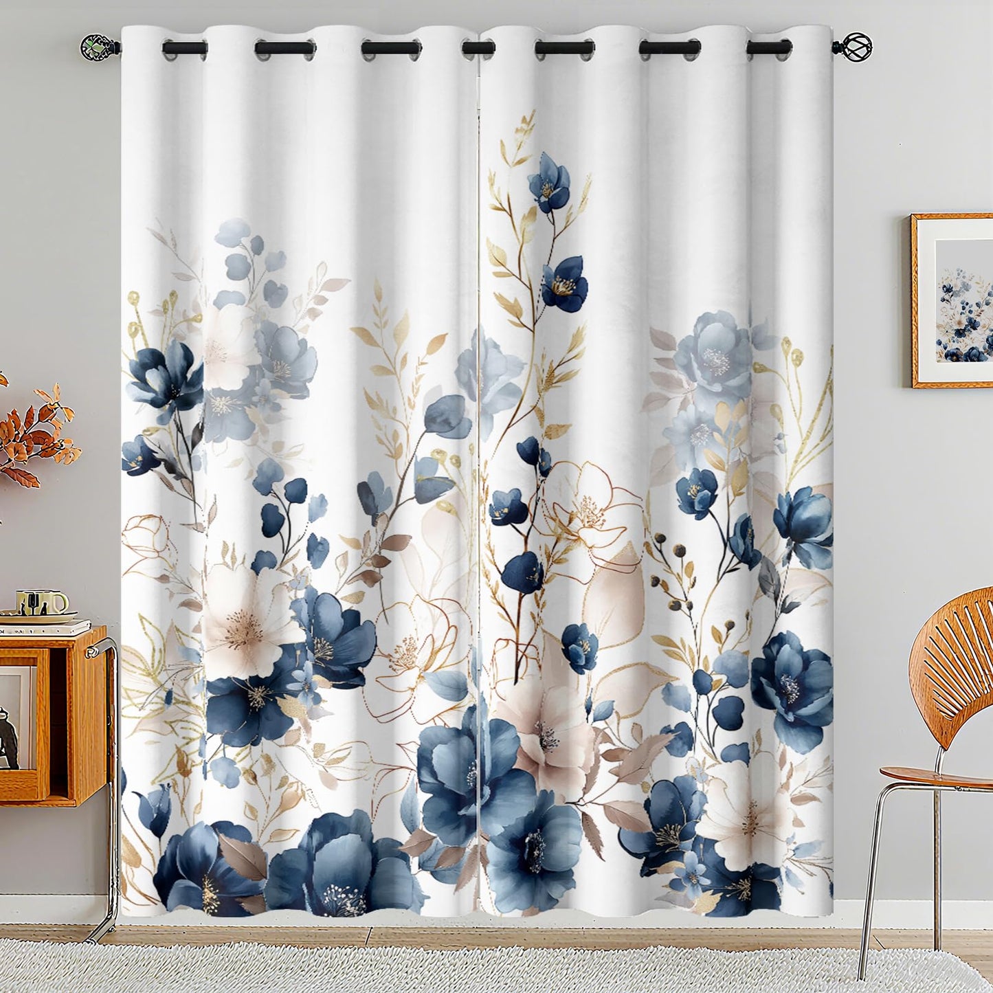 Sanzugh Boho Floral Blackout Curtains 84 Inch Long 2 Panels Set, Navy Blue and Gold Flower Cute Black Out Patterned Printed Window Curtain for Bedroom Living Room, Grommet Window Drapes