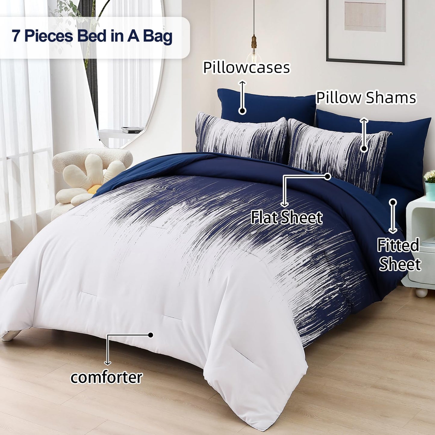 Dinjoy Ombre Blue Comforter Set Queen Size Gradient Navy Blue White Boho Bedding Set for Teen Men Women 7 Pieces Bed in A Bag Bohemian Bed Set with Comforter, Sheets, Pillowcases & Shams
