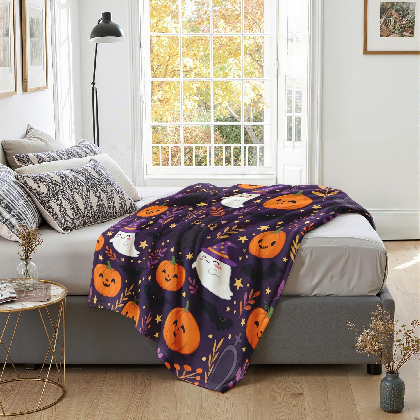 GEDAEUBA Pumpkin Blanket Cute - Halloween Ghost Jack O Lantern Bat Black Cat Fleece Blanket Throw, Soft Cozy Blankets & Throws for Couch, Bed, and Sofa, 50x60 inches