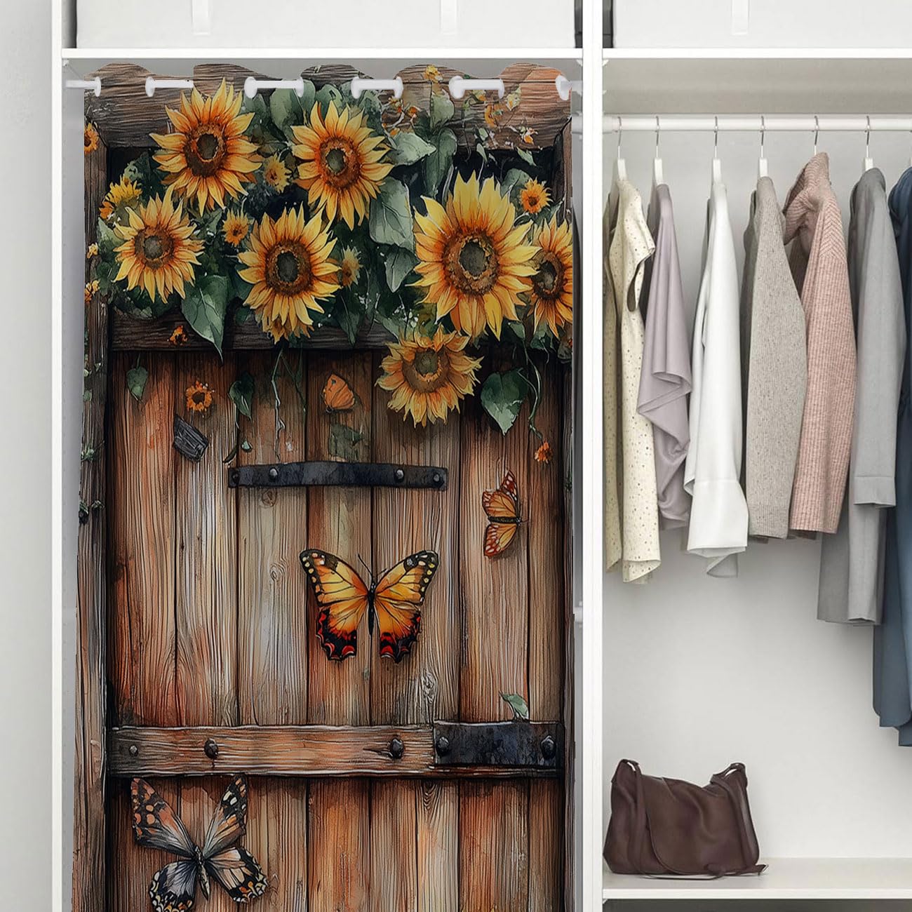 Shixiaoyan Wooden Barn Door Door Curtain for Doorway Privacy Sunflower Flowers Butterfly Country Closet Door Cover Curtain for Darkening Door Drape for Kid Teens Boys Teens, 1 Panel 34" W X 80" L