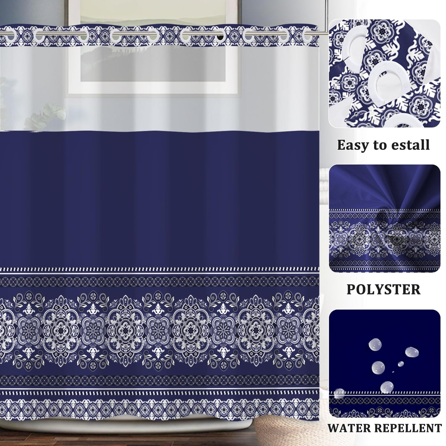 Baocicco No Hook Boho Pattern Shower Curtain Snap Liner Dark Blue Bohemian Striped Shower Curtains for Luxury Hotel Grade Spa-Like Bathroom Decor Minimalist Double-Layered Shower Curtain 71x74 Inch