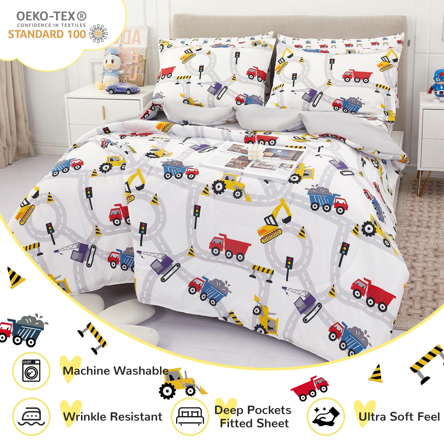 Viviland Kids Twin Bedding Sets for Boys, Girls Soft Twin Comforter Set with Sheets, 5 Pieces Microfiber Bed in a Bag, White Car Excavator