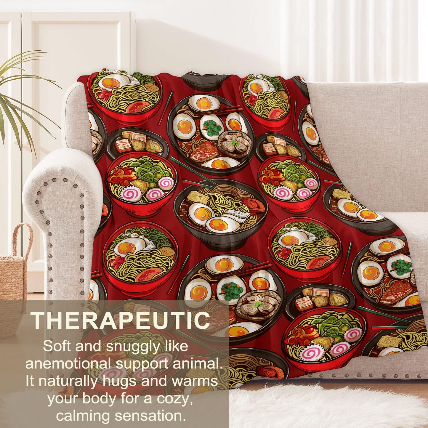 cromcu Ramen Blanket for Kids and Adults, Soft Lightweight Throw Blankets with Red Background for Sofa Bed Traveling Camping Japanese Decor Gifts, Single-Sided Printing, 50x60 Inches