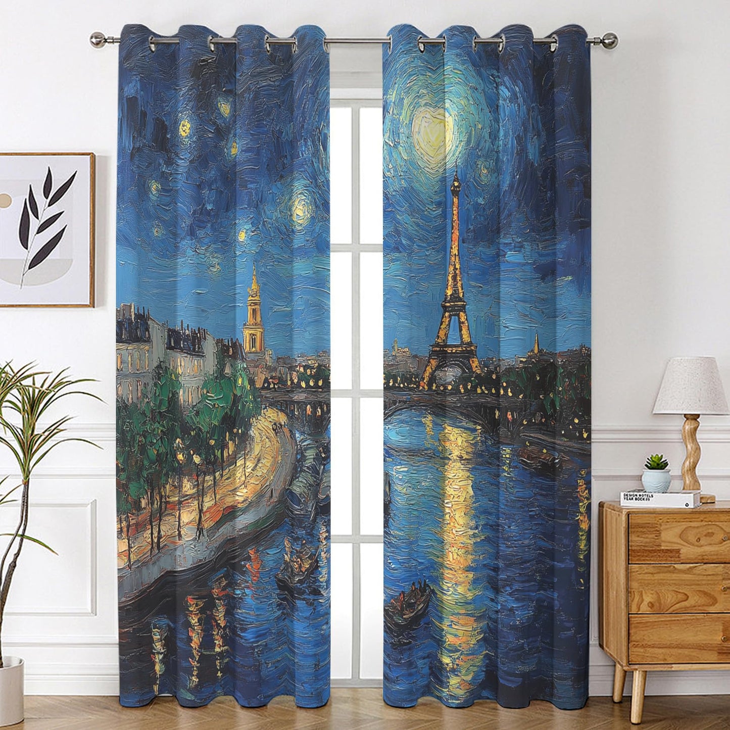 Efvrysm Paris Eiffel Tower Curtains, Cityscape Window Curtains, Starry Night Blackout Curtains for Bedroom Living Room Home Decor, Patterned Grommet Drapes 54 Inch Length 2 Panels Set