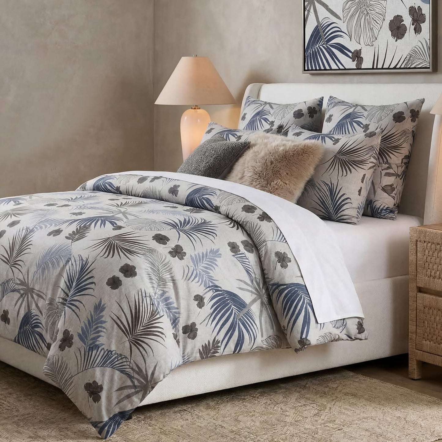 Bedorm 100% Cotton Duvet Cover Set Queen Vintage Floral Bedding Set Gray Blue Palm Tree Leaf Botanical Print Soft & Durable Duvet Cover with Zipper Closure