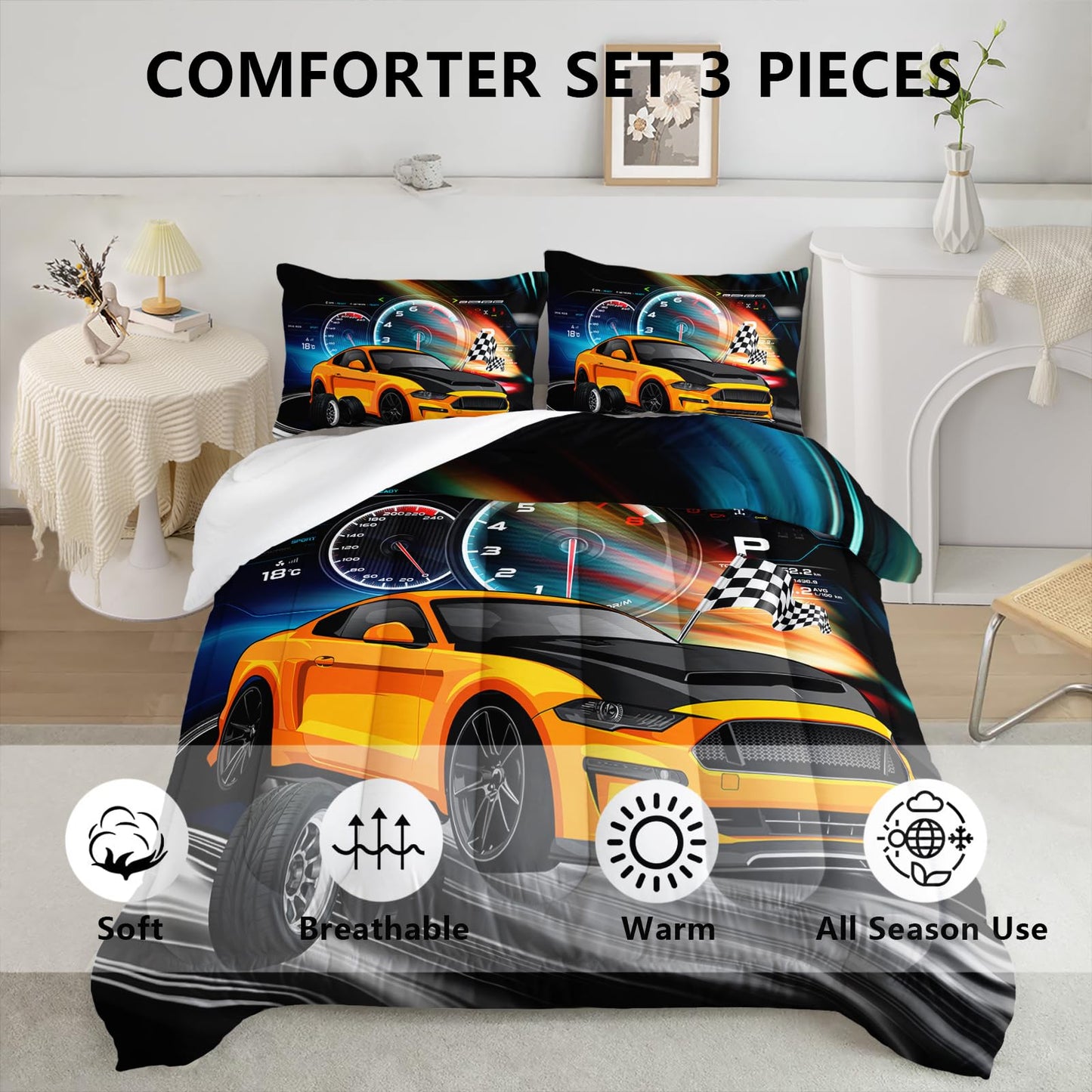Axolotl Race Car Bedding Set Twin Size, Boys Extreme Sports Comforter Set for Kids Boys Car Racing Gifts, Yellow Cool Comforter Sports Quilt Set 1 Quilt with 2 Pillowcase