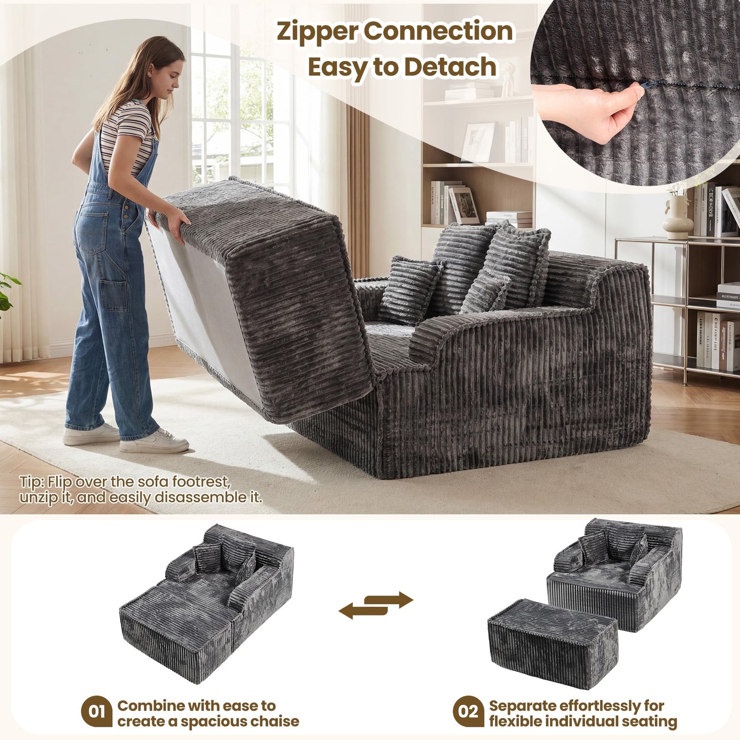 feliz home Chaise Lounge Chair Indoor,Boneless Chair with Ottoman,Comfy Reading Chair for Adults,Small Sofa Bed Couch for Living Room,Single Sleeper Chair Bed,Grey