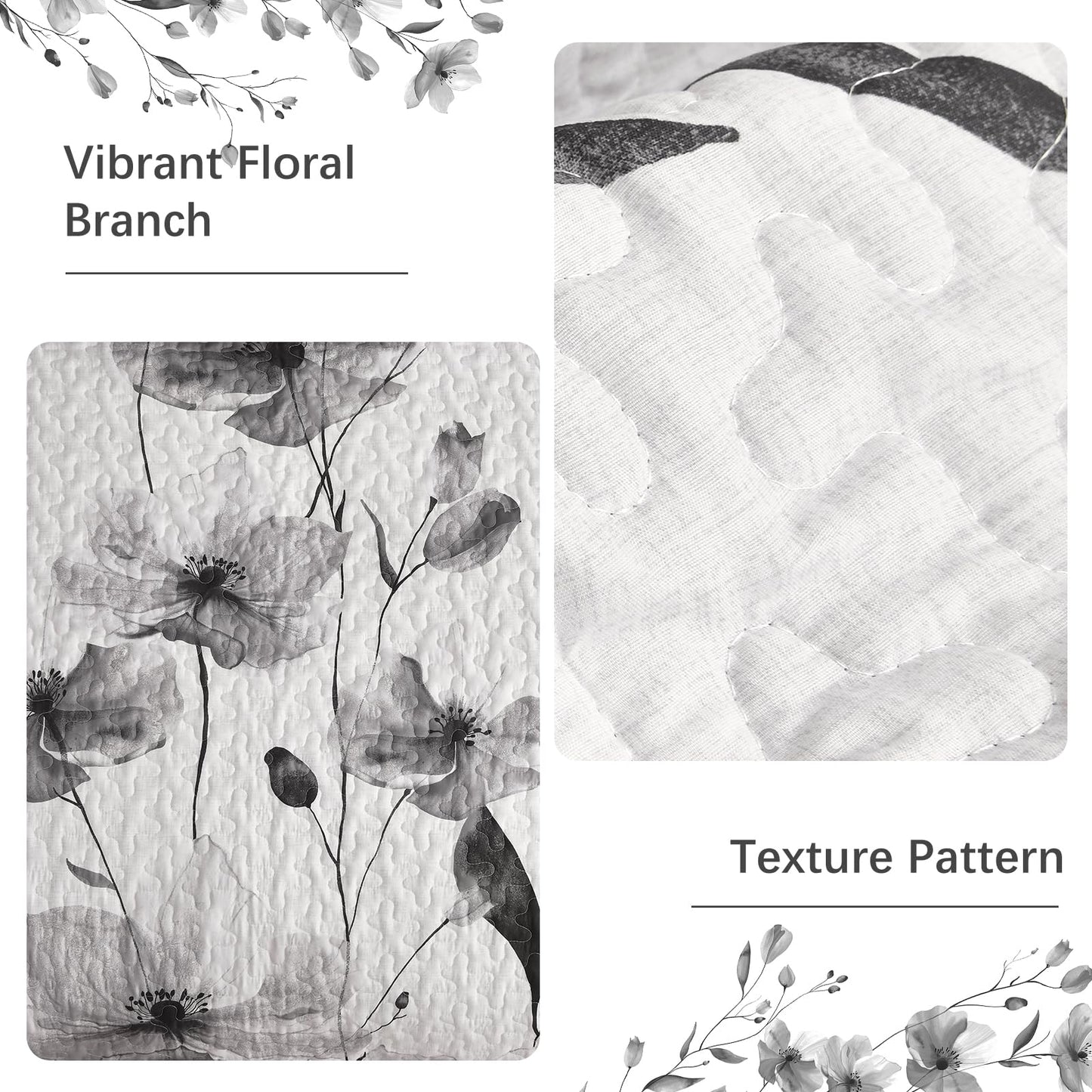 Mybedsoul Floral Quilt Set King Size, 3 Pieces Grey Bedspread Coverlet Set, Lightweight Farmhouse Botanical Bedding Set for Fall Winter All Season(104"x90")