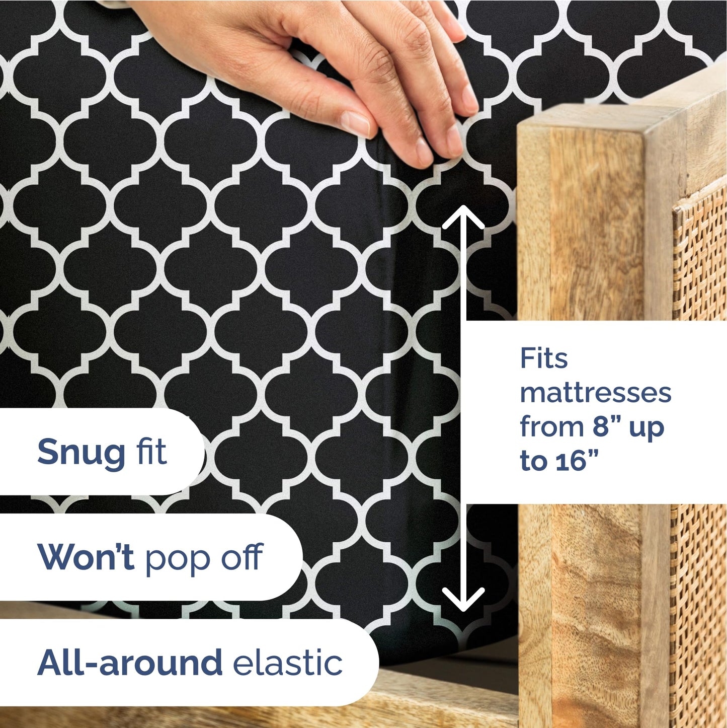 Black Geometric Bed Sheets - 1 Flat & 1 Fitted Sheet & 2 Pillowcases w/ Deep Pockets – Wrinkle & Fade Free- Ultra-Soft, Breathable and Cooling - Luxury Moroccan Bed Set – King Size - Black Quatrefoil