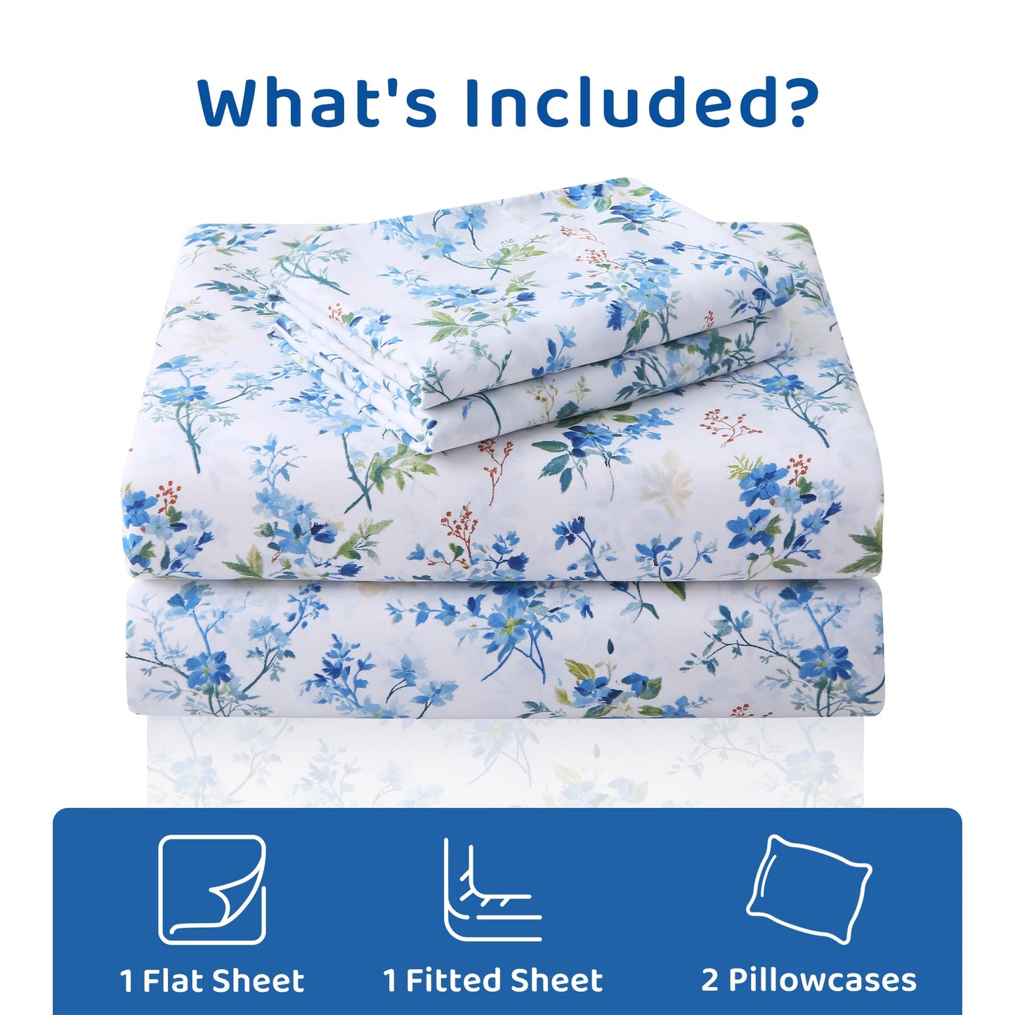 Mooreeke Cozy Vintage Microfiber Printed Full Sheet Set - Soft & Breathable Percale Blue Green Floral Bed Sheets with Extra Deep Pocket - Non-Slip Fitted Design - Blue Green Flower Pattern