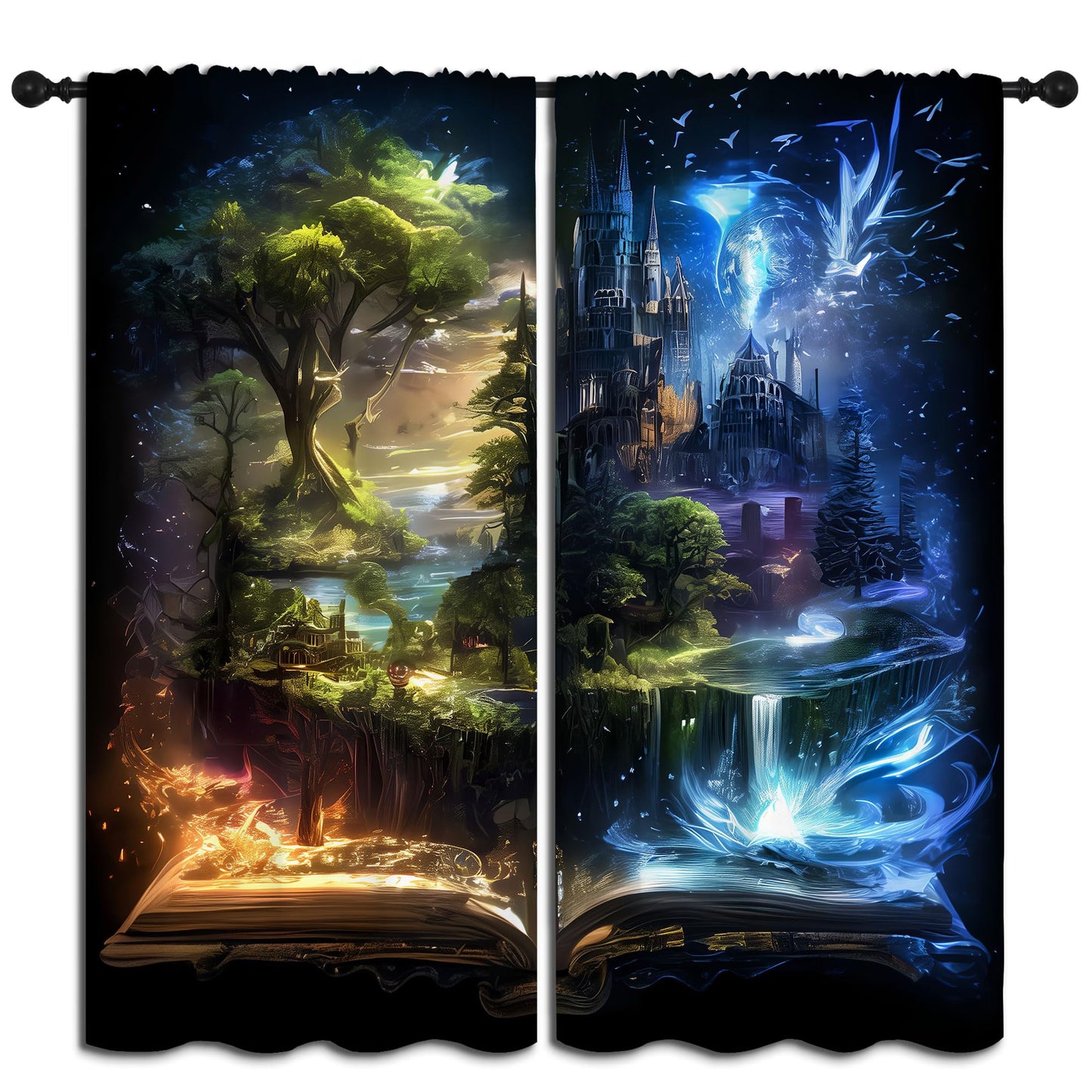 LHROOMJK Magic Castle Blackout Curtains for Boys Girl Bedroom Decor,Blue Aurora Mysterious Anime Style Thermal Insulated Rod Pocket Drapes Darkening Window Curtain for Living Room Home 42x63 inch