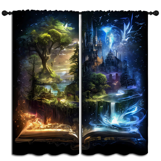 LHROOMJK Magic Castle Blackout Curtains for Boys Girl Bedroom Decor,Blue Aurora Mysterious Anime Style Thermal Insulated Rod Pocket Drapes Darkening Window Curtain for Living Room Home 42x63 inch