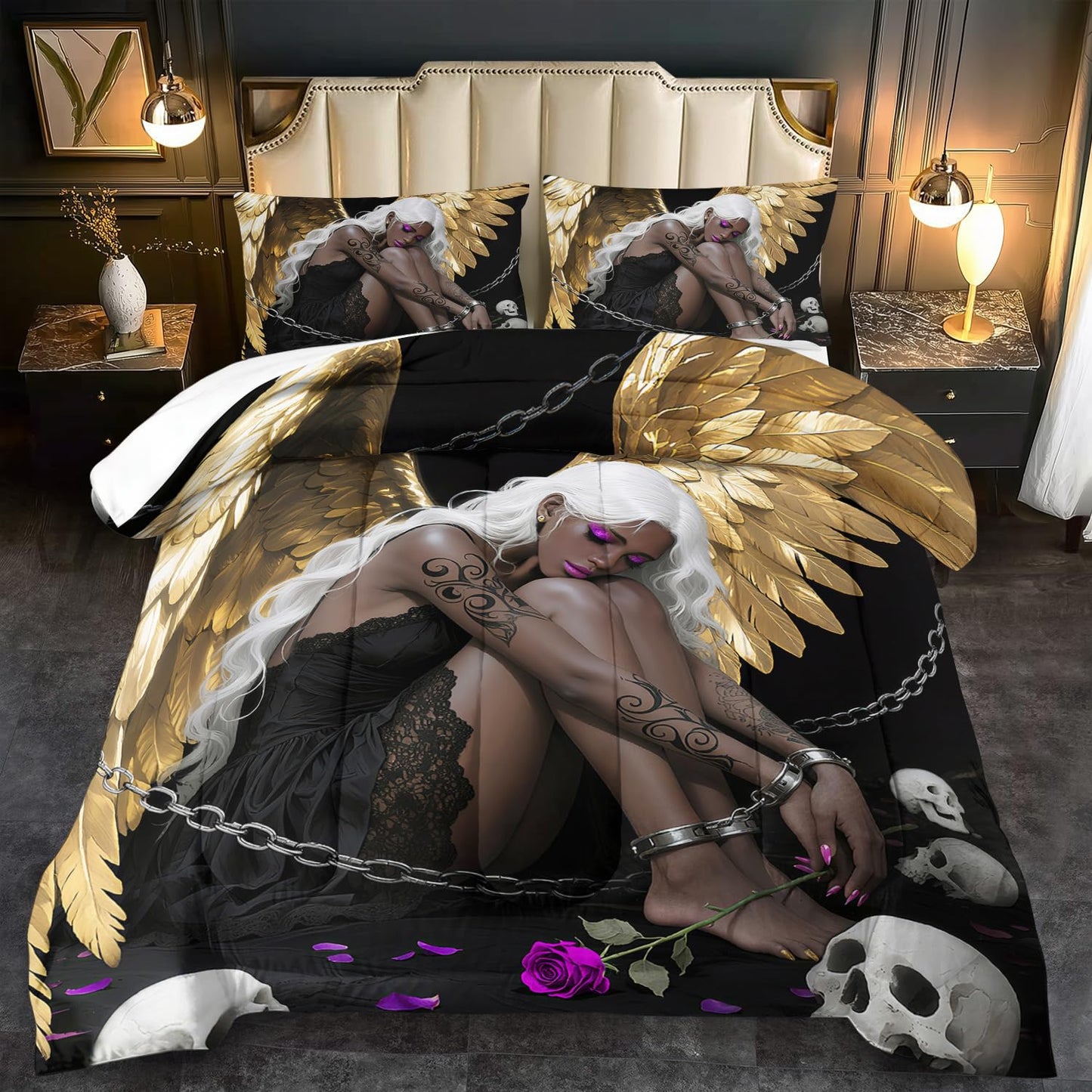 llyxsesty Golden Angel Wings Comforter Set Twin Girls Black Goth Comforter Set Adult Gold Goth Fashion Bedding for Women Angel Wings Bedding Quilt Skull Decor for Home Elegant Home Decor Bedroom