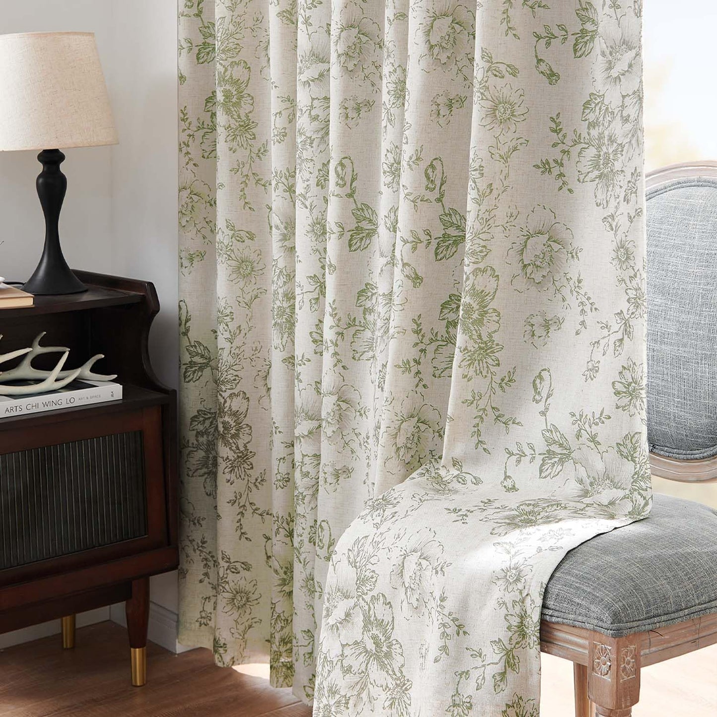 jinchan Blackout Floral Curtains for Living Room Bedroom Linen Blend Curtain Farmhouse Green Printed with Lined Back Tab Rod Pocket Drapes Window Treatments 2 Panels 63 Inch