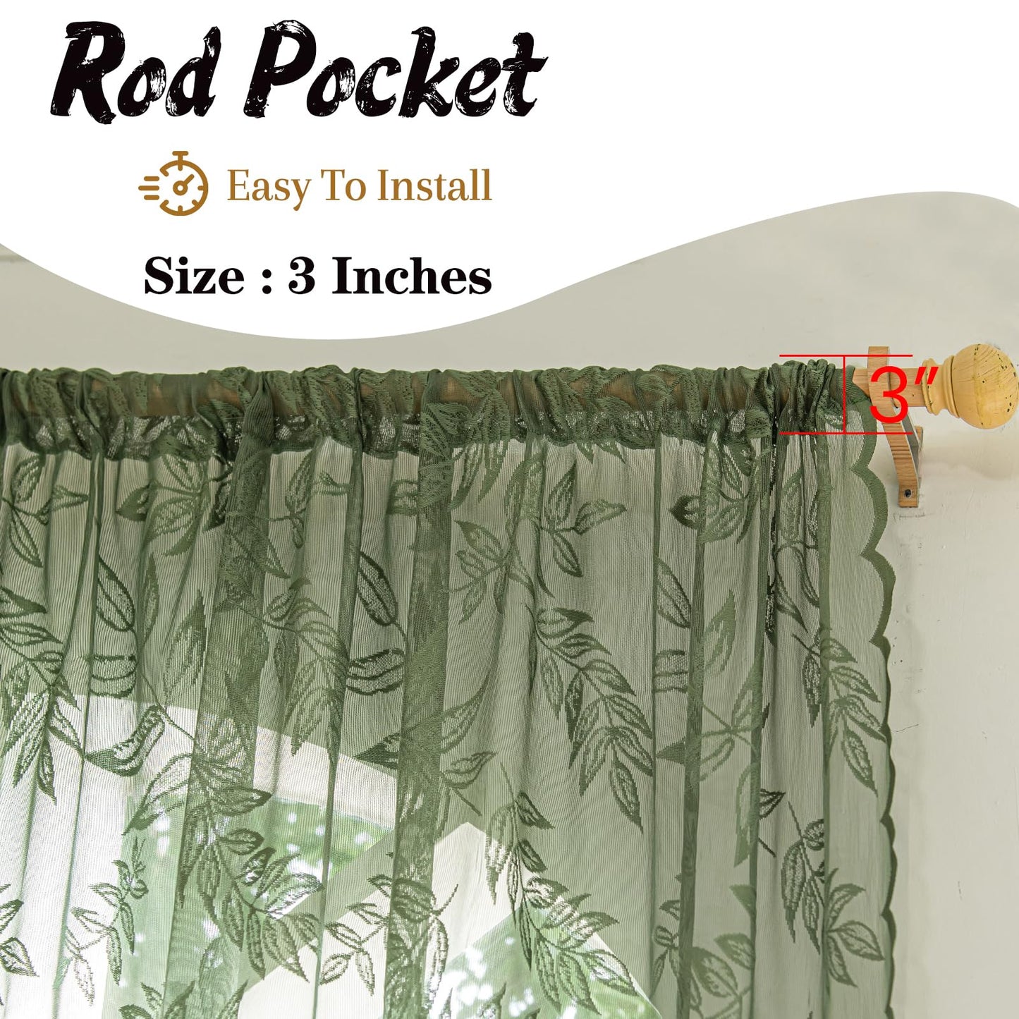 Sutuo Home Olive Green Lace Curtains 84 Inches Long for Bedroom Living Room, Leaf Embroidery Window Sheer Drapes Pair, Rod Pocket Vintage Country Window Treatments Set of 2 Panels, 57" W x 84" L
