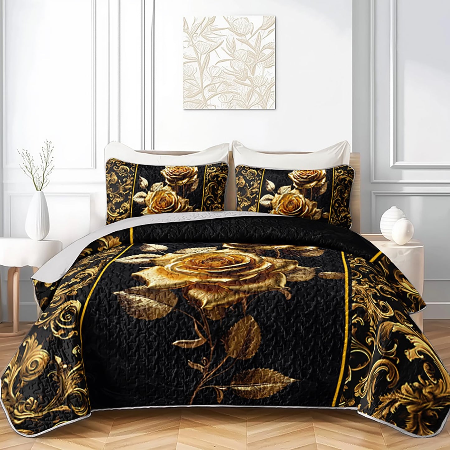 AILONEN Golden Rose Printed Quilt Set Full Size with 2 Pillowcases,Black and Gold Flower Luxury Quilted Bedspreads Soft Lightweight,Romantic Floral Bedding Set 3Pcs