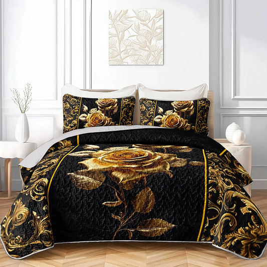 AILONEN Golden Rose Printed Quilt Set Full Size with 2 Pillowcases,Black and Gold Flower Luxury Quilted Bedspreads Soft Lightweight,Romantic Floral Bedding Set 3Pcs