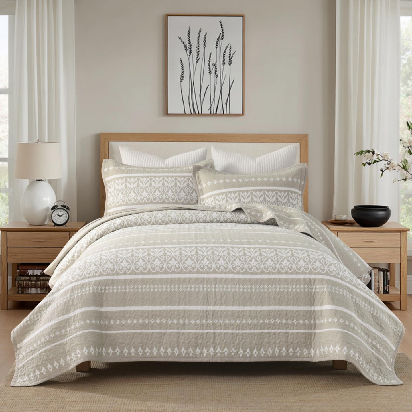 BCOTTOND Queen Quilt Set, 100% Cotton Boho Quilt Queen Size Bohemian Striped Pattern Bedspread Queen Lightweight Quilt Bedding Set Comforter Set All Season, 3 Pieces, Beige Grey