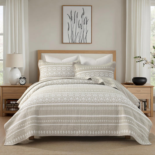 BCOTTOND Queen Quilt Set, 100% Cotton Boho Quilt Queen Size Bohemian Striped Pattern Bedspread Queen Lightweight Quilt Bedding Set Comforter Set All Season, 3 Pieces, Beige Grey