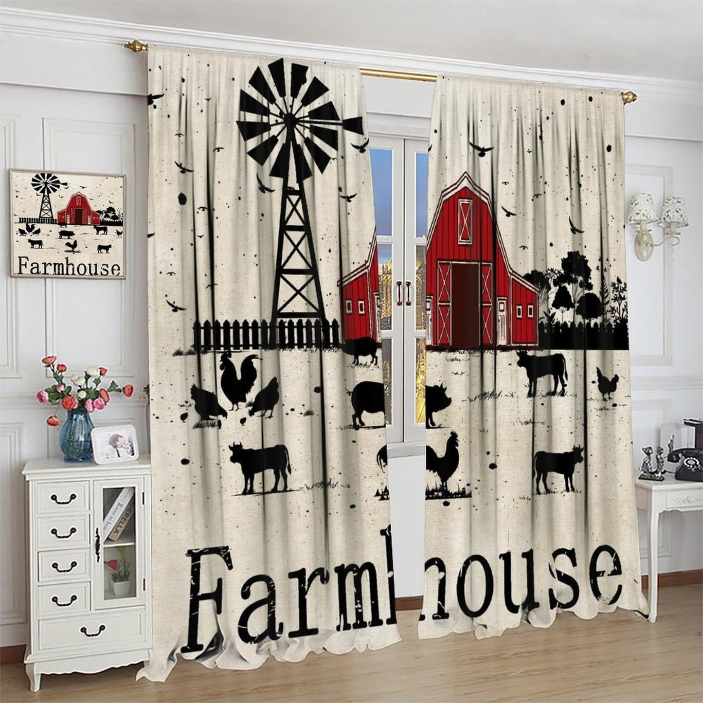 YCness Country Farmhouse Curtains Red House Cow Pig Chicken Window Treatments for Rod Pocket Drapesfor Living Room Bedroom Kitchen 42x45 Inch