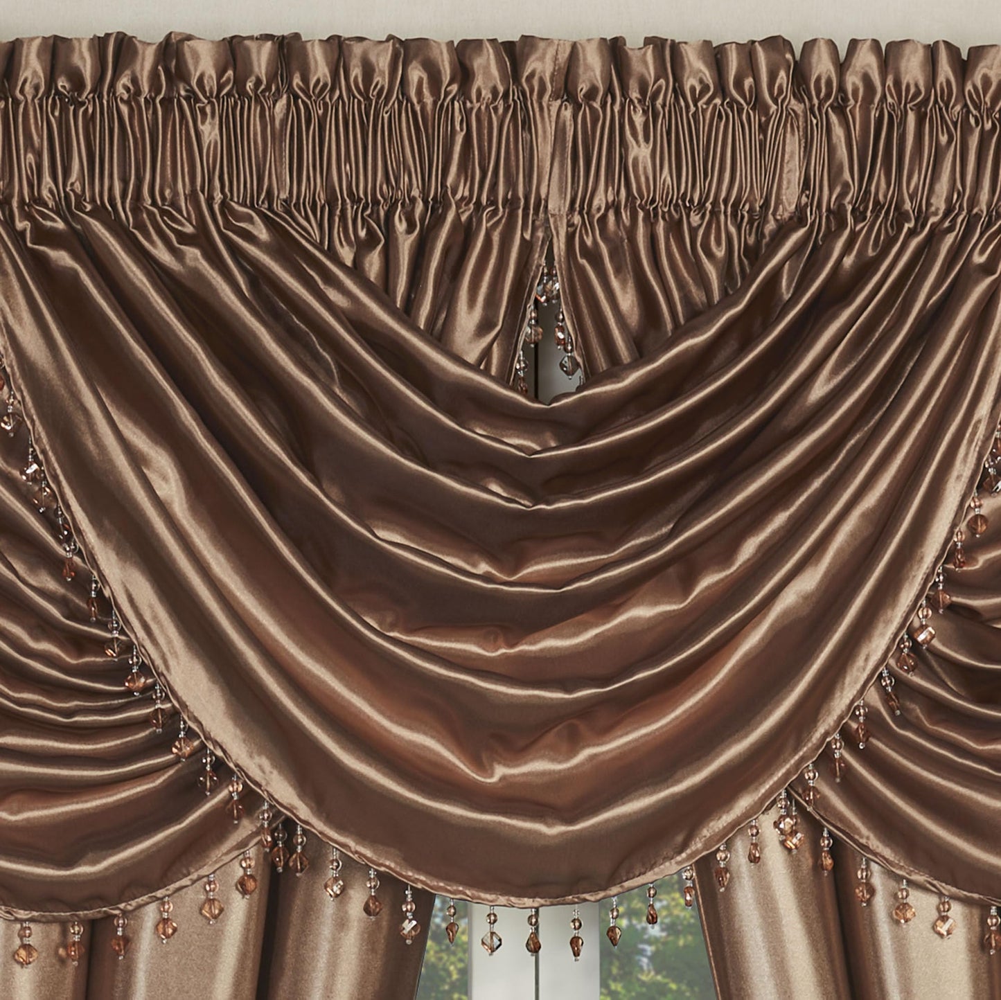 Touch of Class Portia Luxury Window Treatment | Smoky Topaz | Premier Smooth Polyester Satin Elegant 4 Piece Window Drapery Set with 3 Waterfall Valances and 84 Inch Long Curtain Pair