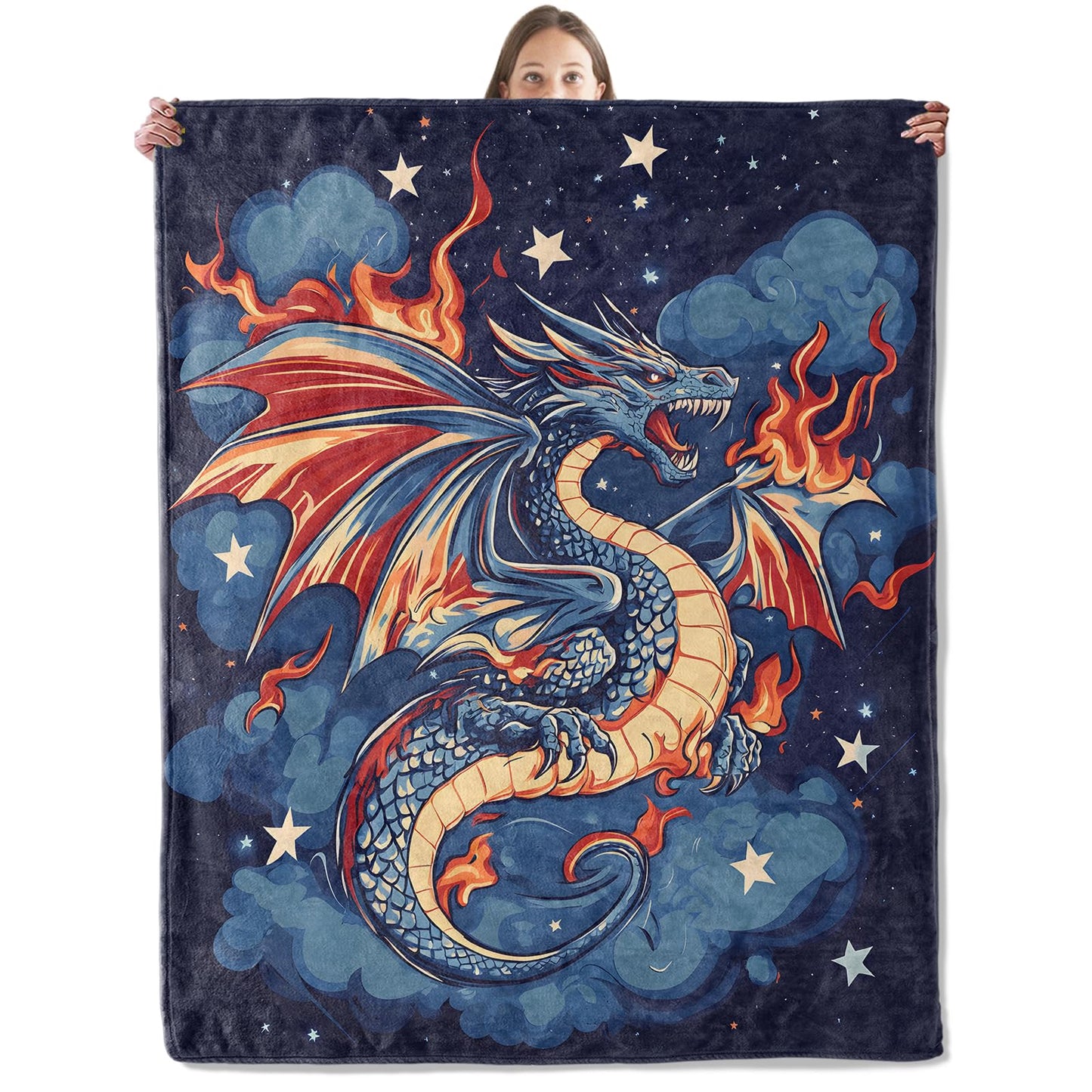 xmwjfd Fire Dragon Blanket, Cozy Plush Fiery Blue & Red Dragons Soaring Throw Blanket for Couch Bedroom Outdoor, Lightweight Soft Flannel Travel Blankets, Gifts for Women Kids, Warm Decor 50"×60"