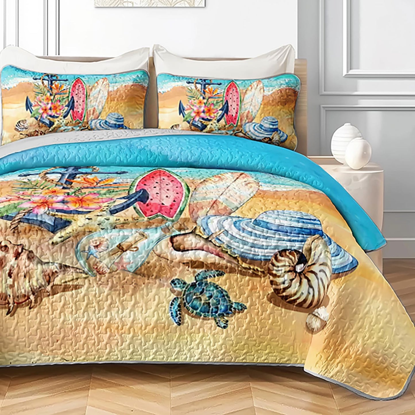 AILONEN Ocean Beach Bedding Quilt Set King Size,Tropical Boat Anchor Surfboard Theme Bedspread Coverlet,Blue Soft Lightweight (Quilt,2 Pillowcases)