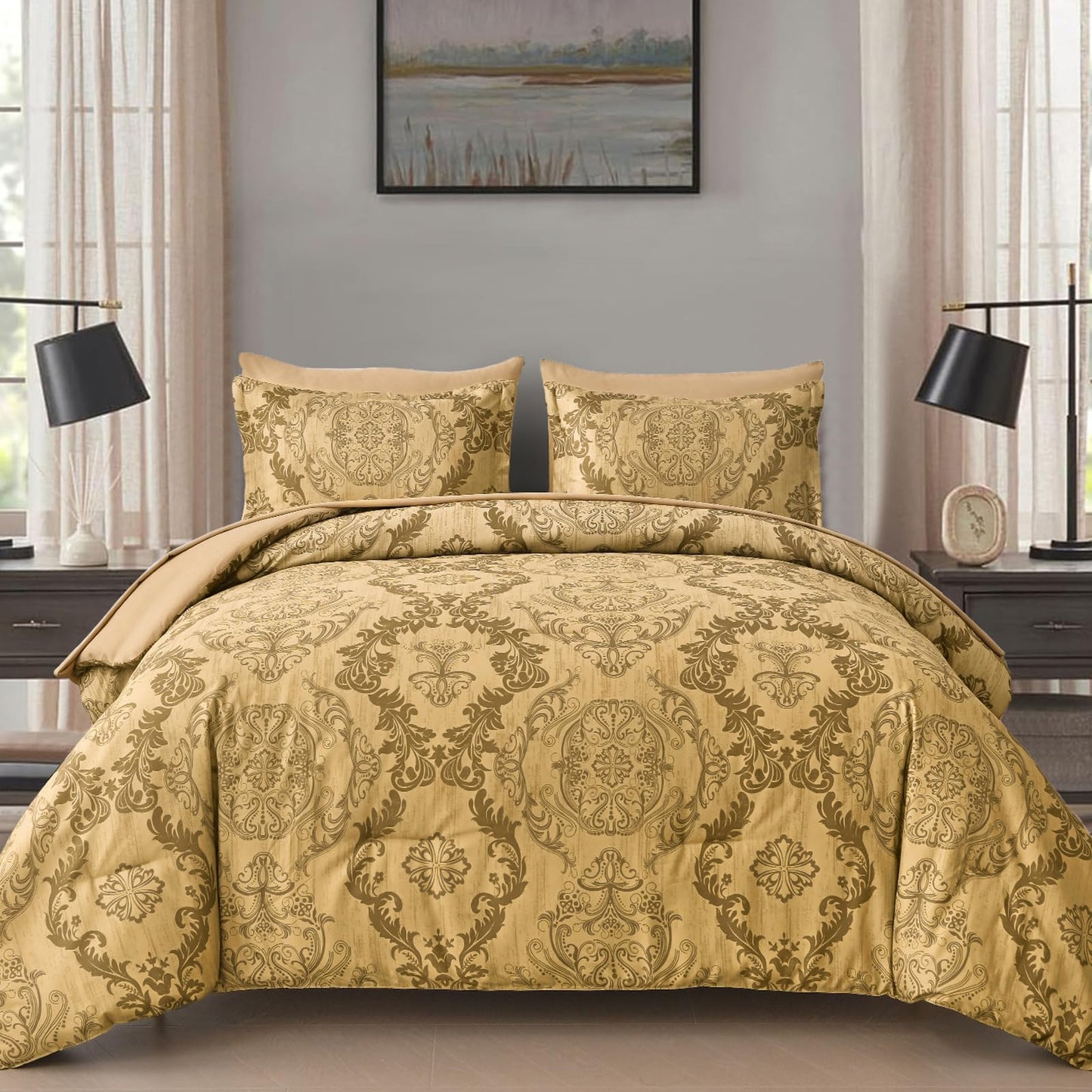 WONGS BEDDING Gold Comforter Set Queen Size, Damask Texture Design 7 Pieces Bed in a Bag Microfiber Comforter Bedding Sets -1 Comforter, 1 Flat Sheet, 1 Fitted Sheet, 2 Pillow Shams, 2 Pillowcases