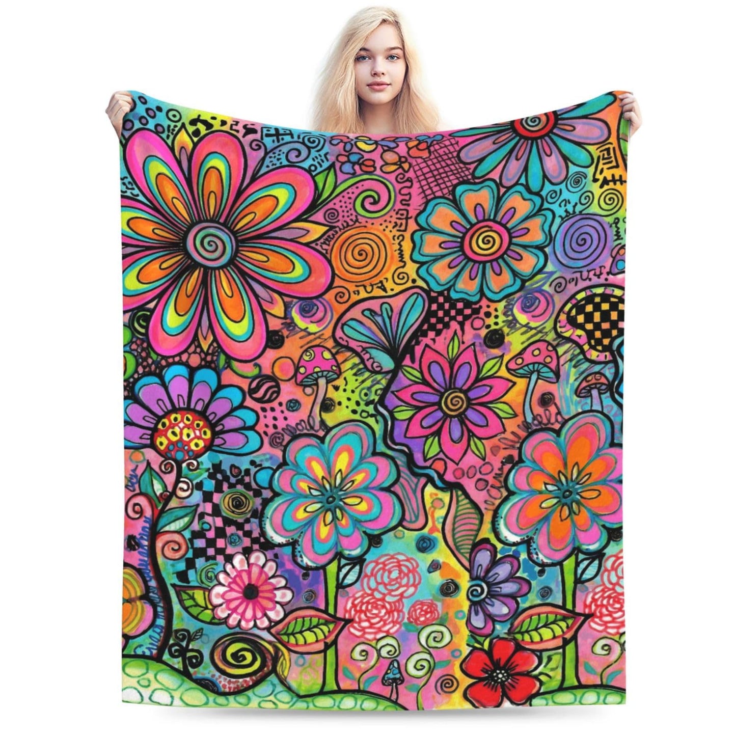Gbuzozie Hippie Art Flowers Doodle Fleece Blanket Lightweight Ultra-Soft Throw Blanket for Sofa Couch Bed Camping Travel - Super Soft Cozy Microfiber Blanket 50"X40"