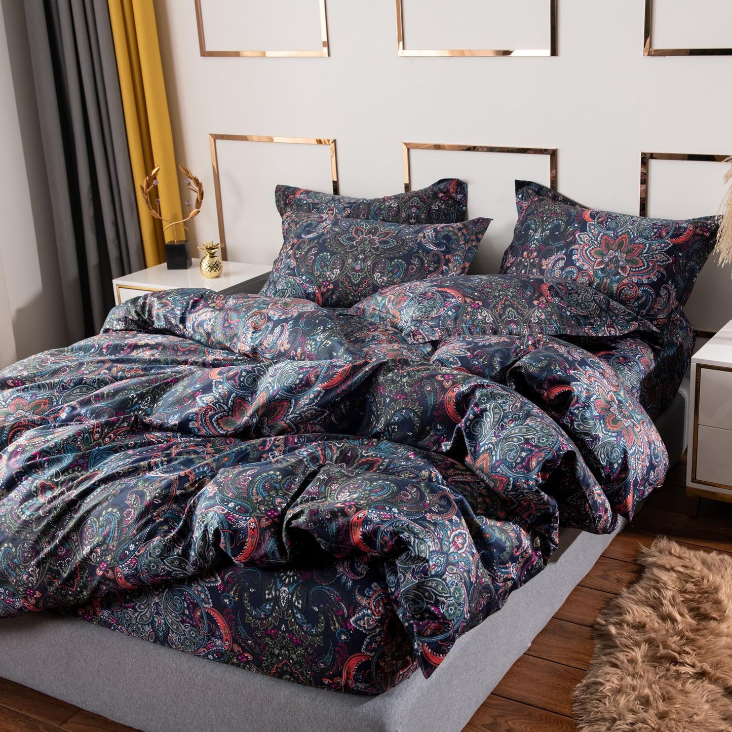 VM VOUGEMARKET Retro Paisley Duvet Cover Queen Size Boho Damask Duvet Cover Sets 100% Brushed Cotton Bedding Set,1 Duvet Cover and 2 Pillow Shams for All Seasons-Stormy Blue