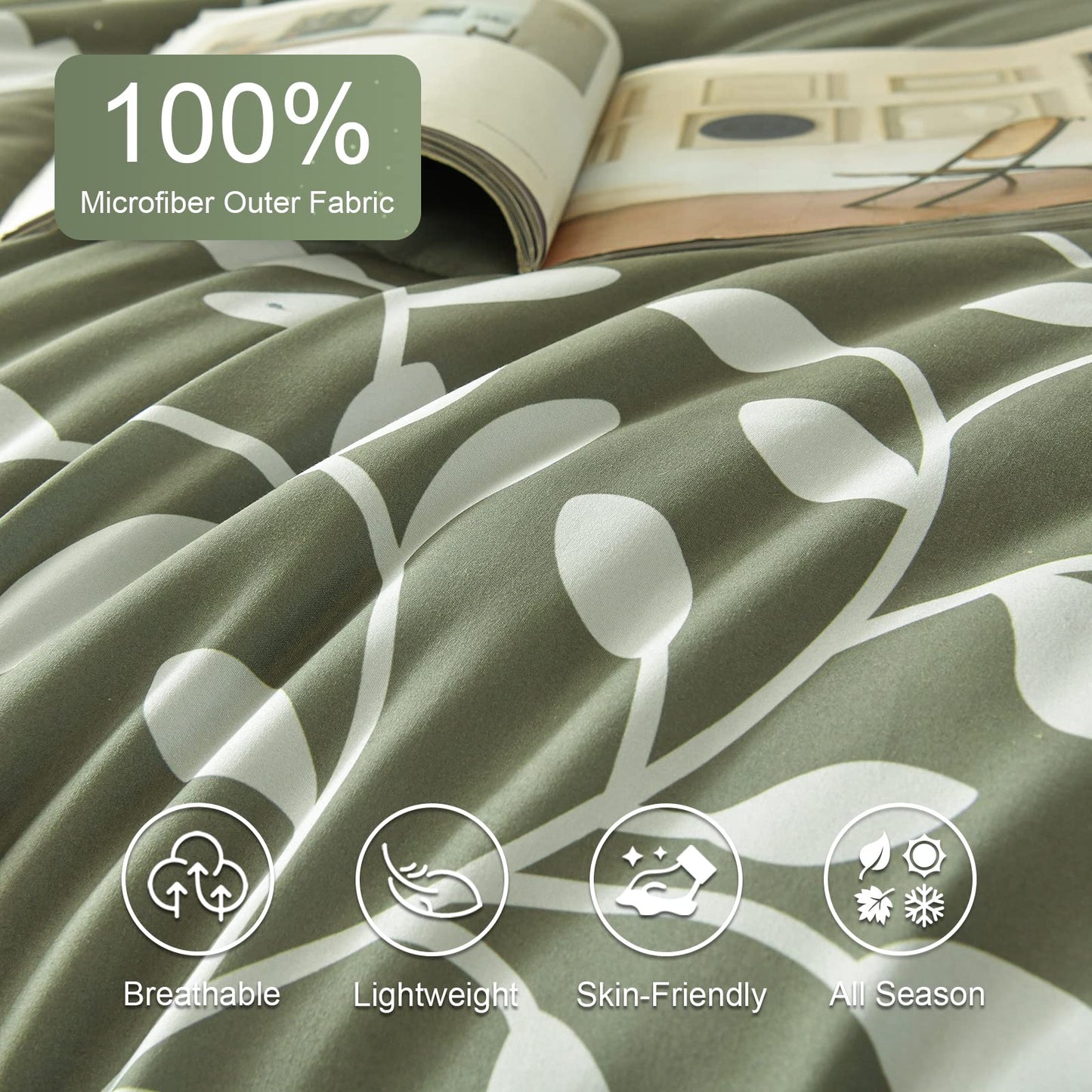 METAHOTS Queen Size Comforter Set - 7 Piece Floral Botanical on Green Comforter Sets with Sheets and Pillows, Soft Lightweight Microfiber Bedding Set for All Season(90"X90")