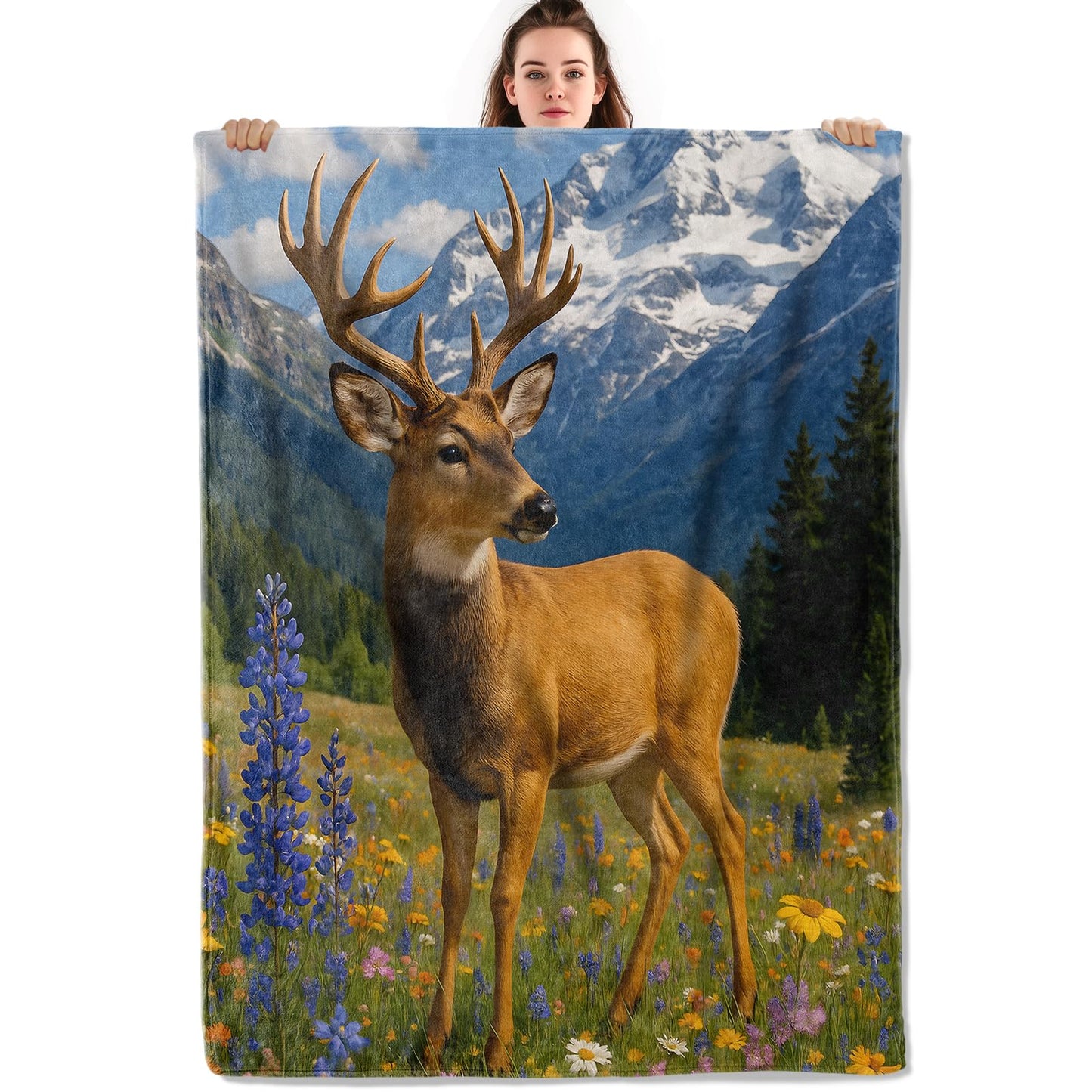 Majestic Deer with Wildflowers Throw Blanket, Lightweight Warm Flannel Blankets, Home Decor and Gifts, Soft Cozy Throws for Women Boys Kids, 50"X60" for Bed Couch Travel Office
