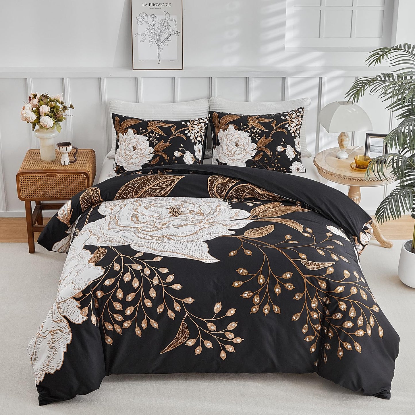 mixinni Floral Duvet Cover King Size, 3 Pieces White Flowers and Gold Leaves Printed on Black Bedding Set, Soft Premium Cotton Reversible Elegant Floral Duvet Cover Set for All Season-King Size