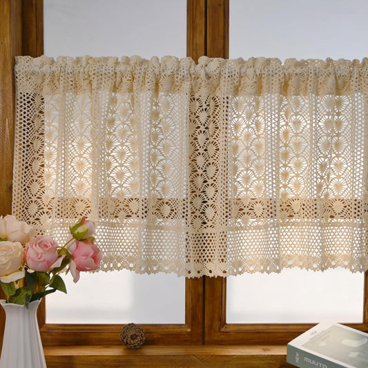 Tsinmorn Retro Crochet Curtain Valance for Kitchen Boho Curtain Tier for Small Window Rod Pocket Farmhouse Light Filtering Short Curtain for Living Room Cabinet 1 Panel 59" W x 17" L