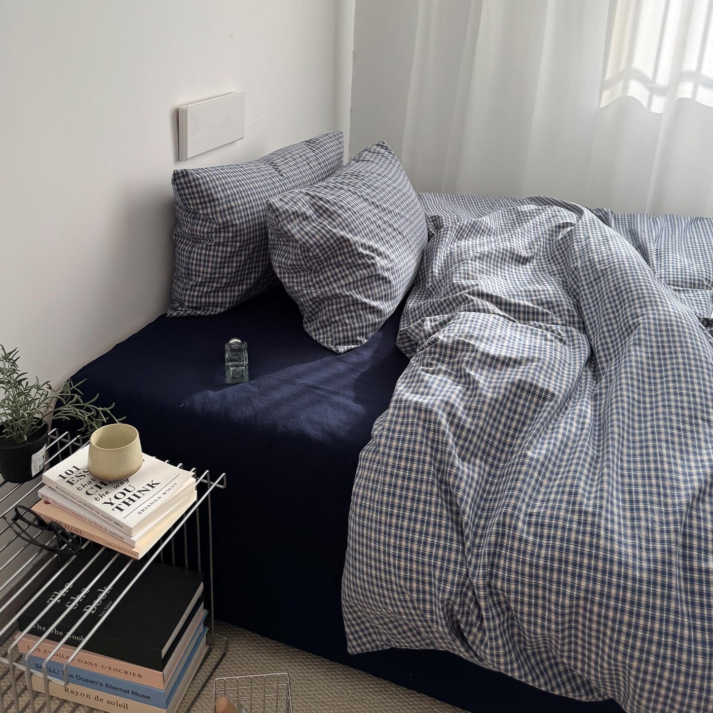 VM VOUGEMARKET Demin Blue Gingham Duvet Cover Queen 3 Pieces Neutral Plaid Grid Duvet Cover 100% Washed Cotton Comforter Cover with 2 Pillowcases Farmhouse Checkered Bedding Set