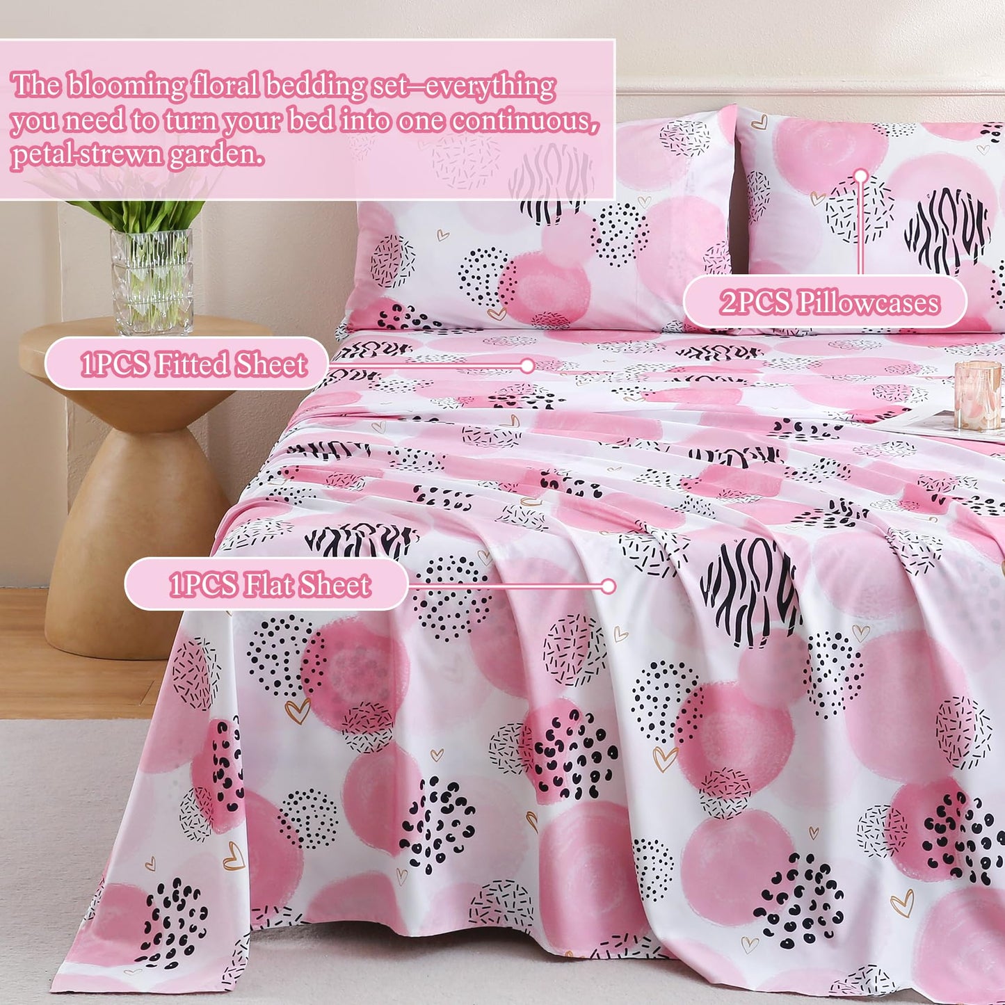 CIMVI Pink Sheet Set Queen Size 4 Pieces Girls Bedding Simple Dots Printed Sheets 15-inch Deep Pocket Fitted Sheets and Pillowcase Soft Breathable Microfiber Bed Sets for Woman Decor Bedroom